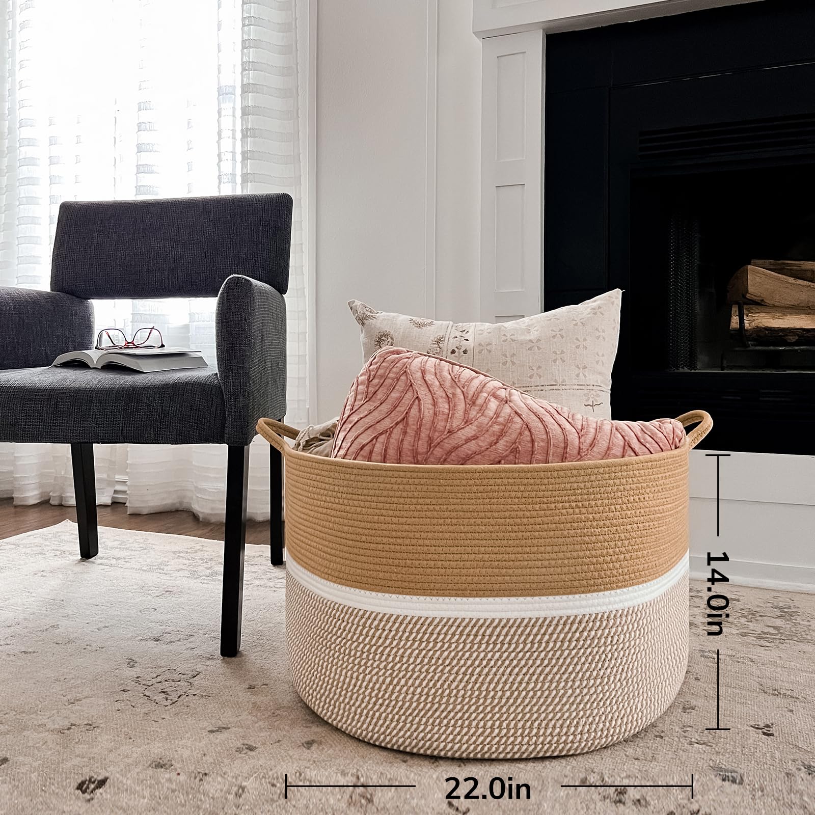 Chicvita Xxl Extra Large Cotton Rope Woven Basket, Throw Blanket Storage Basket With Handles, Decorative Clothes Hamper - 22 X 2