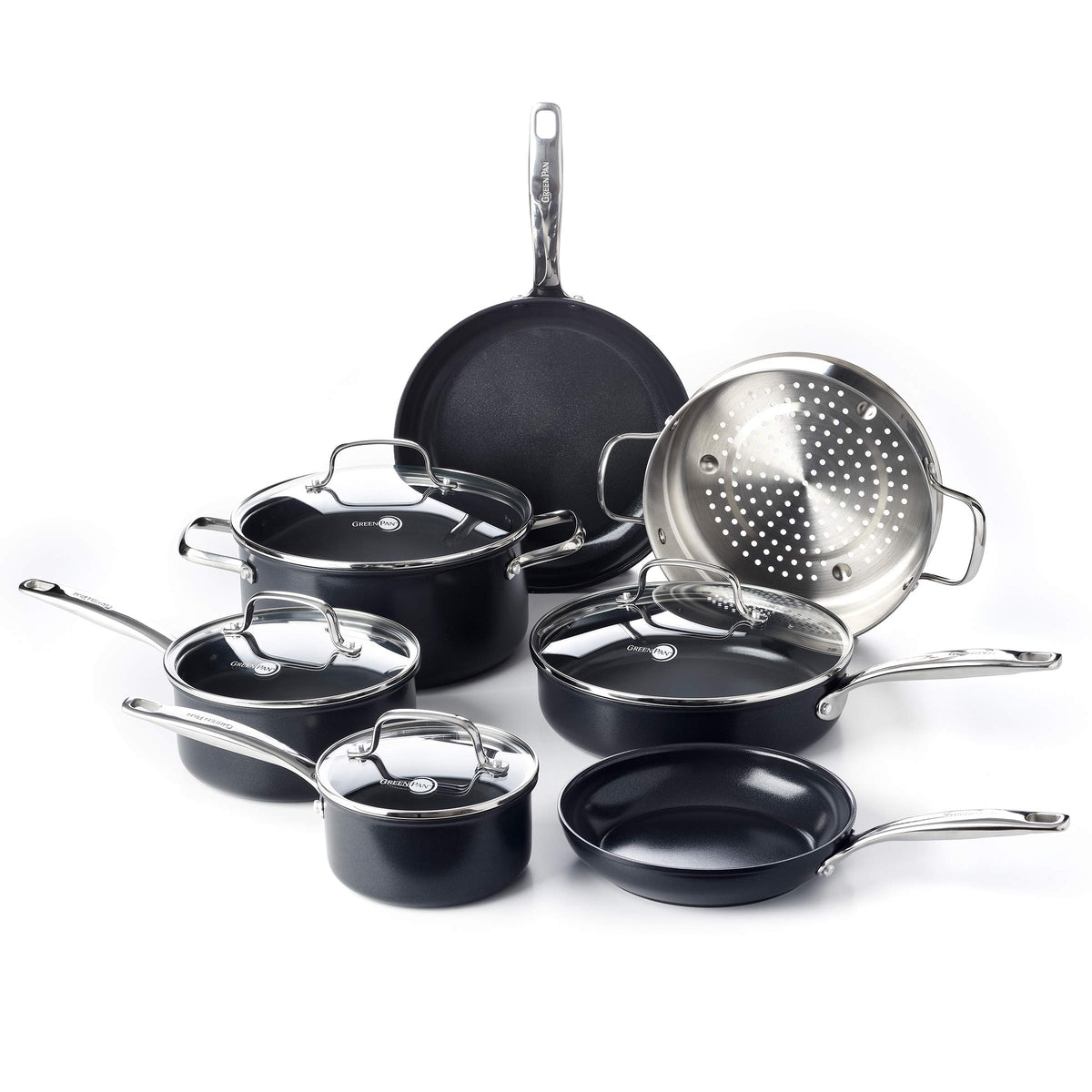 Greenpan Chatham Black Prime Midnight Hard Anodized Healthy Ceramic Nonstick 11 Piece Cookware Pots And Pans Set, Pfas-Free, Dis