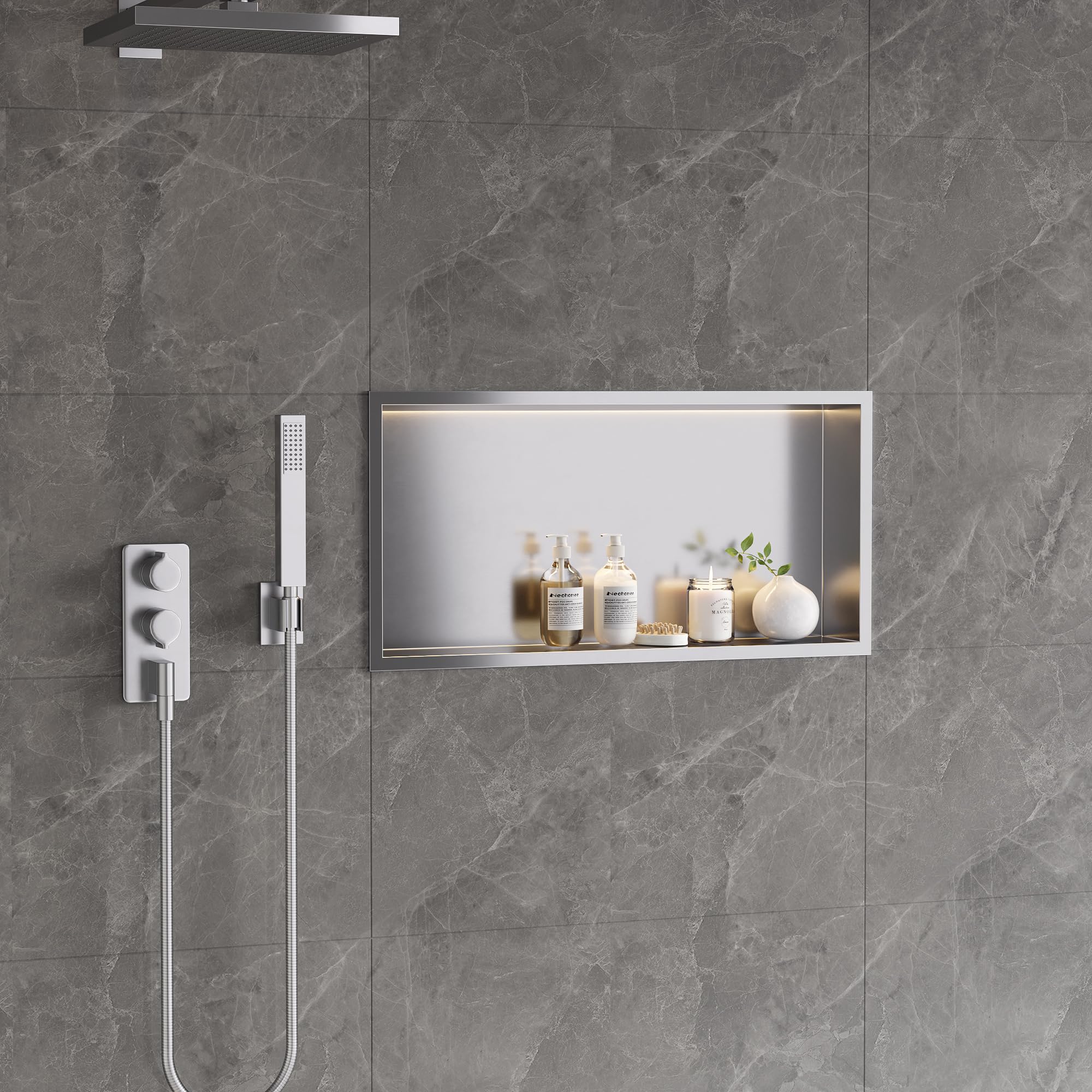 Neodrain Shower Niche, 24''X12'' Brushed Wall Niche, Stainless Steel Wall Niche With Non-Dimmable Led Light, No Tile Needed Rece