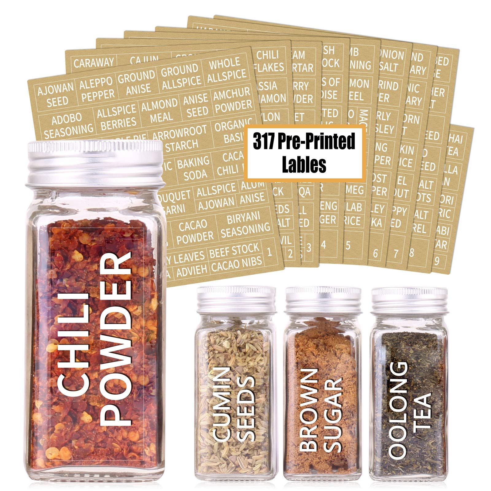 SWOMMOLY 36 Glass Spice Jars with 703 Spice Labels  Empty Square Spice Bottles 4 oz with Pour/Sift Shaker Lid  Airtight Cap  Chalk Marker and Funnel Complete Set