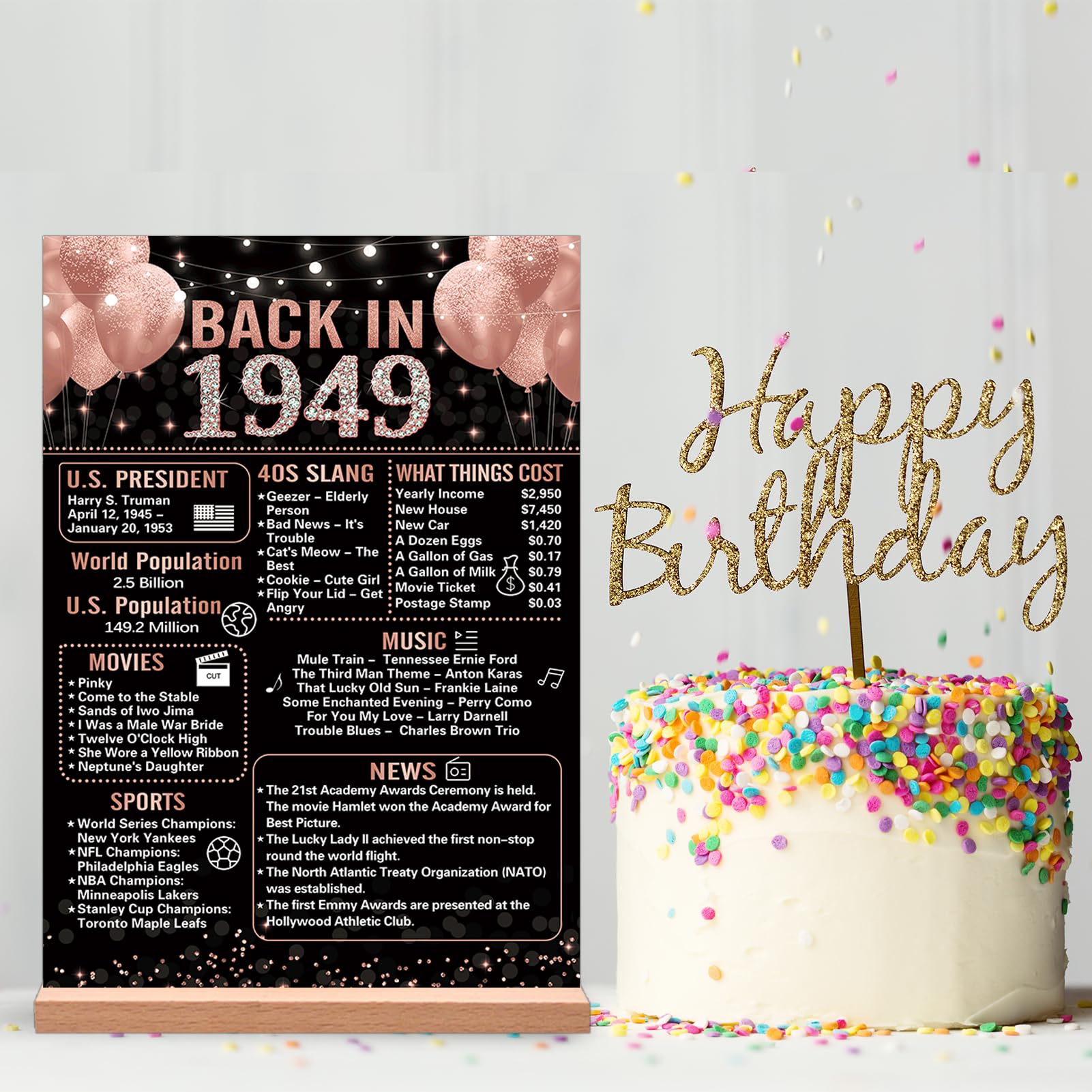 Trgowaul 75Th Birthday Anniversary Decorations For Women, Rose Gold Back In 1949 Birthday Poster Acrylic Table Sign With Stand,