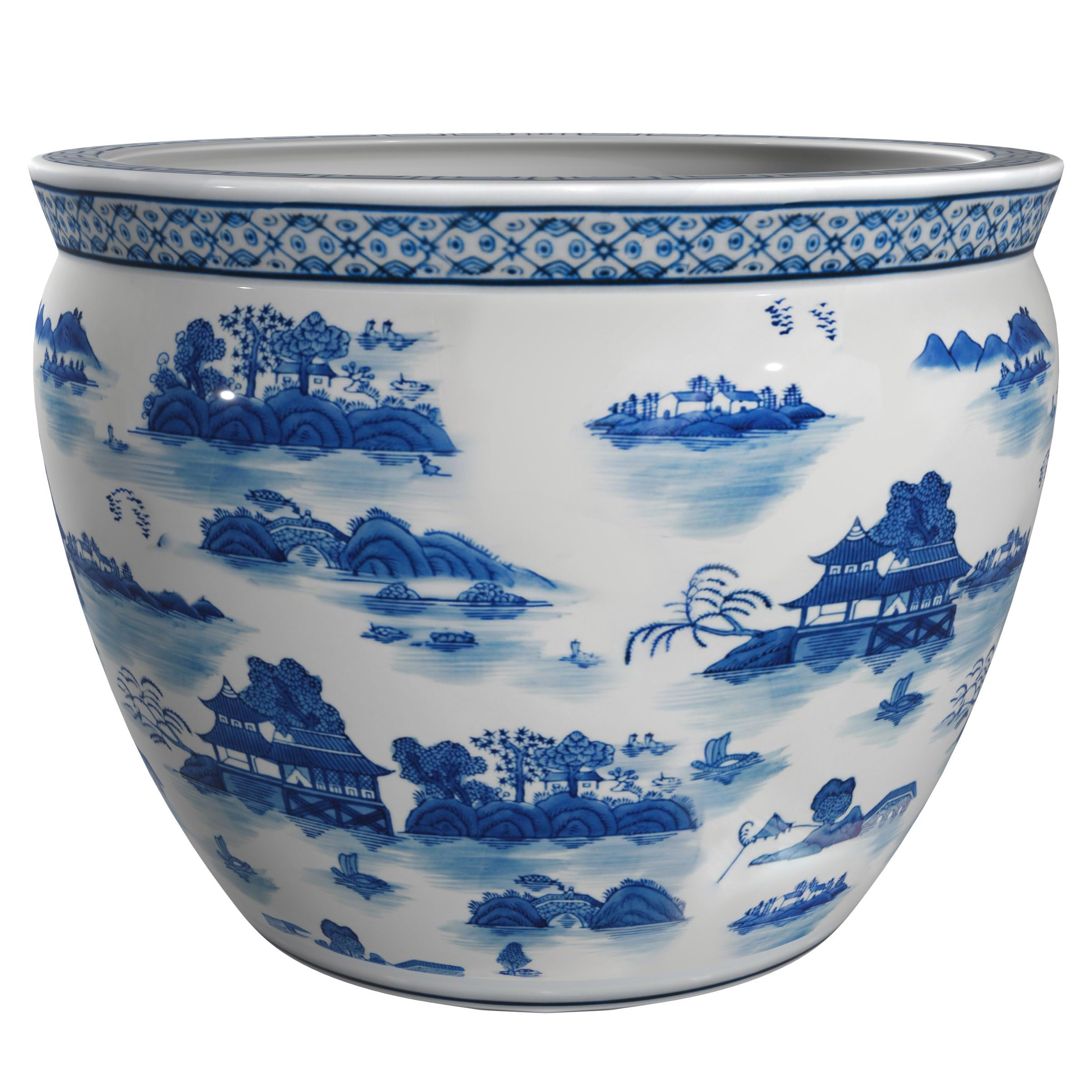 Red Lantern 18 Porcelain Fishbowl Blue & White Landscape Planter