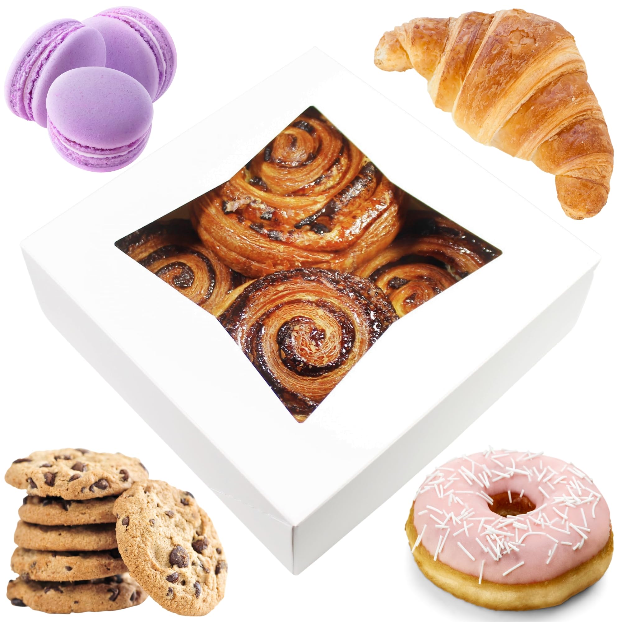 Bakeluv 8X8X2.5 Bakery Boxes With Window | White, 25 Pcs | 8X8 Cookie Boxes 8X8 Cake Box, 8 Inch Bakery Boxes For Cinnamon Rolls