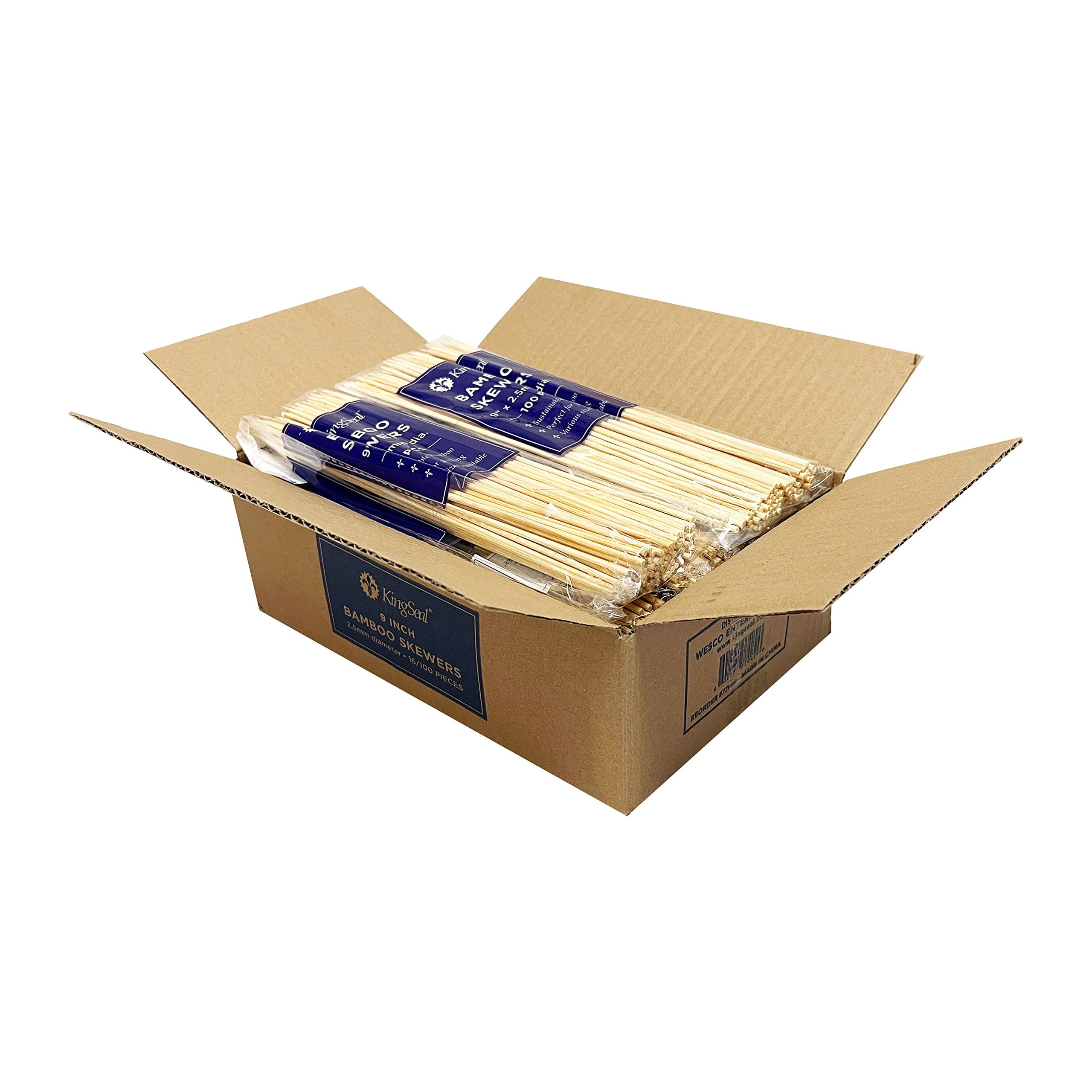 Kingseal Natural Bamboo Wood Grilling Skewers, 9 Inches X 2.5Mm Diameter, For Shish Kebabs, Bbq, And Fruit Arrangements, Bulk Pa