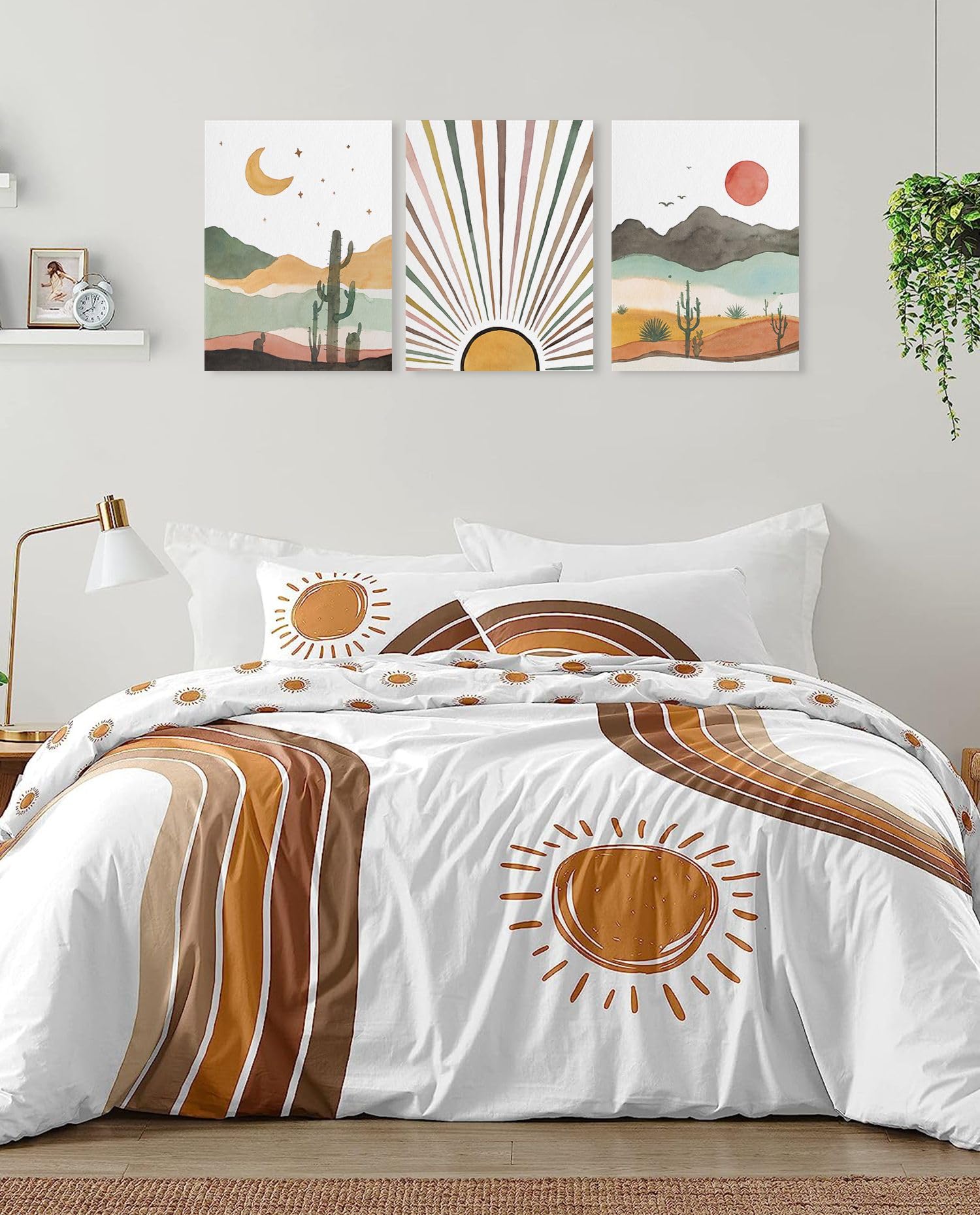 Boho Sun Nursery Wall Art: Bohemian Sunset Moon Picture Print For Bedroom, Boho Nursery Decor For Girl Room, 3 Piece Framed Post