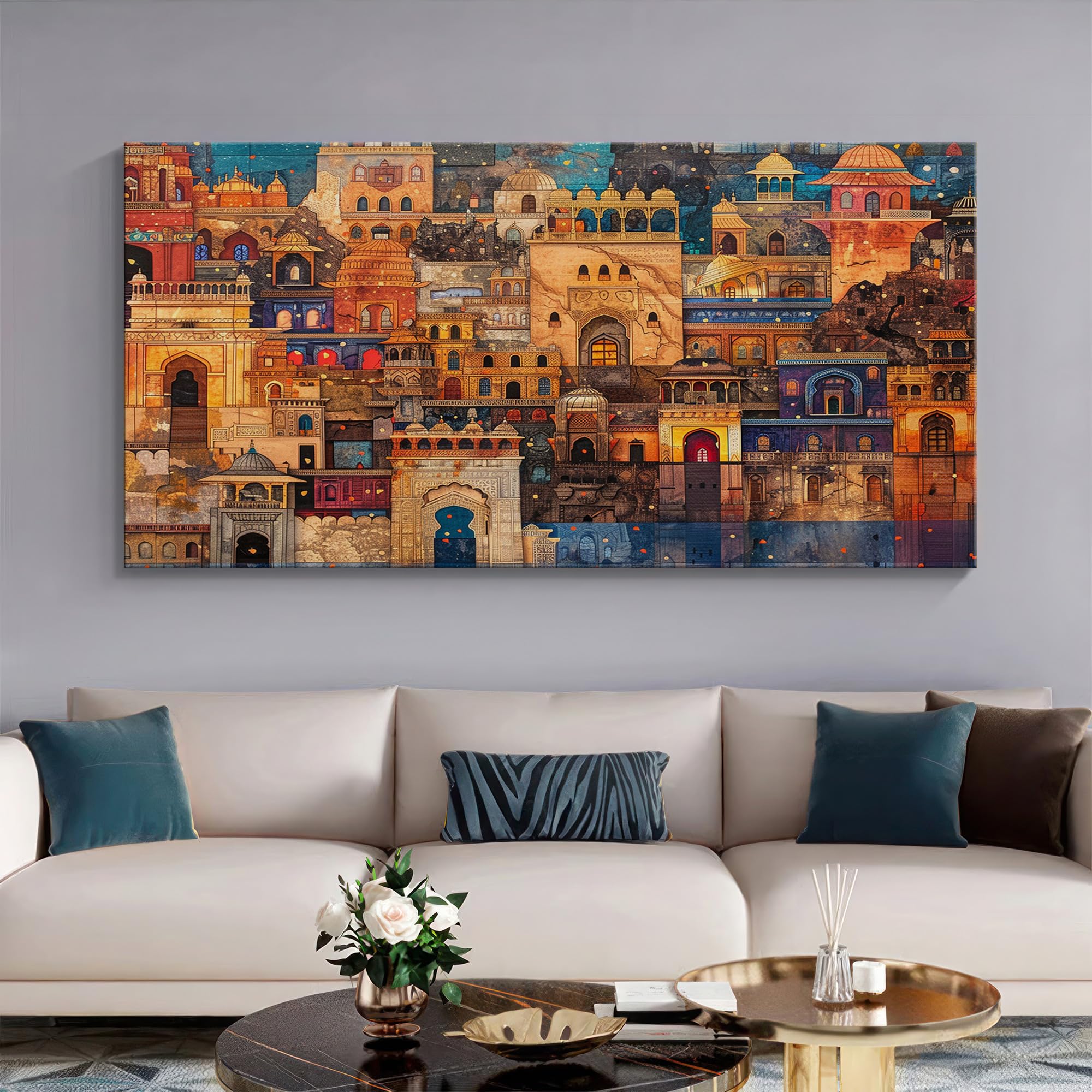 999Store Vibrant Indian Cityscape Canvas Painting - 24X48 Inches Framed Art, Cultural Wall Decor For Home (Flp24480715)