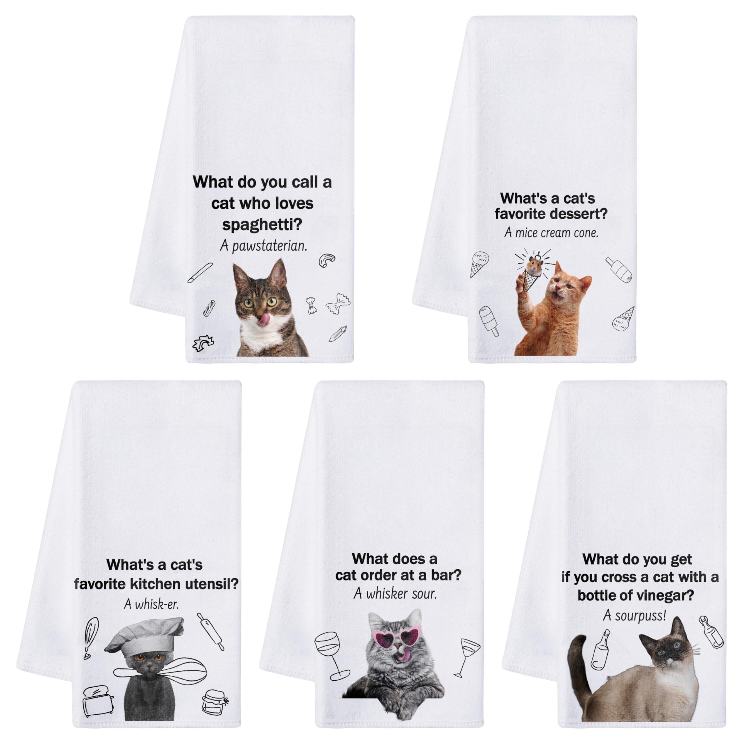 R HORSE 5Pcs Cats Kitchen Towels Set - Funny Cat Pun Jokes Absorbent Quick Dry Cloth Dish Tea Towels Reusable Bar Hand Dishcloth