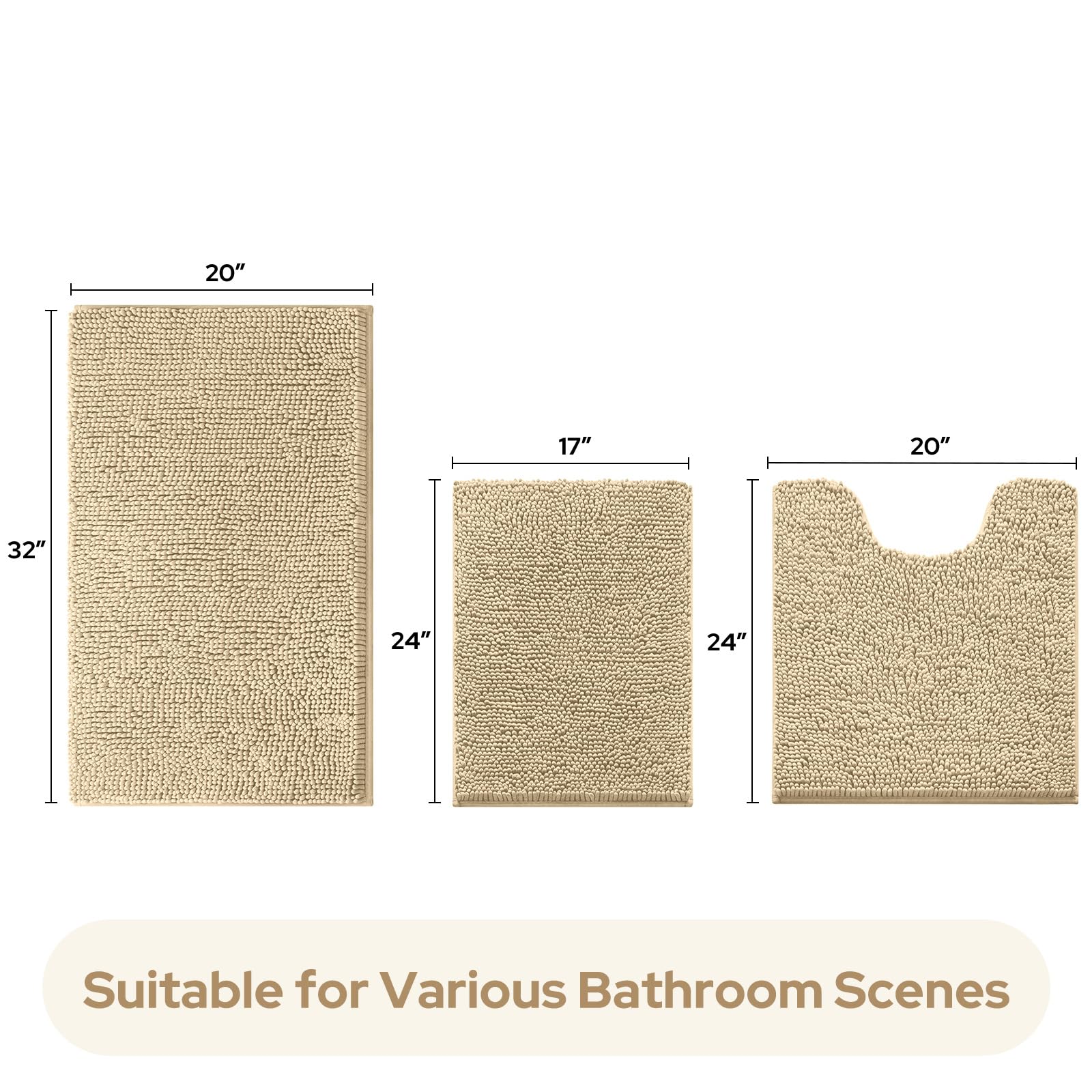 Homeideas 3 Pieces Bathroom Rugs, Ultra Soft Non Slip Absorbent Chenille Toilet Bath Mat Set (Beige)