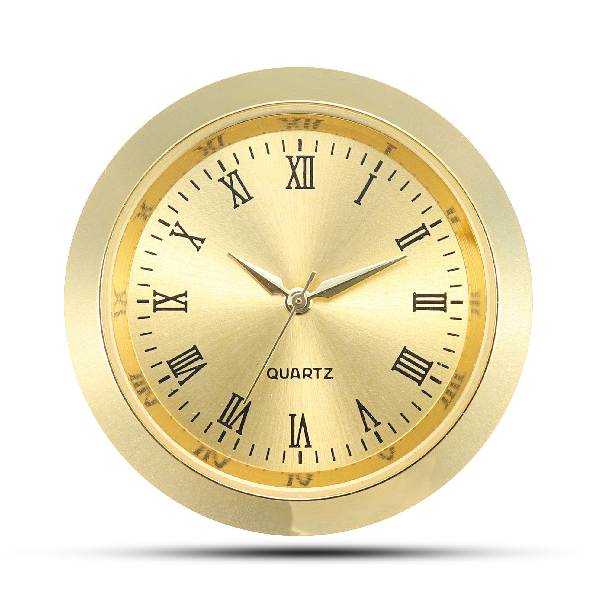 ShoppeWatch Mini Clock Insert Quartz Movement Round 1 7/16 (35mm) Miniature Clock Fit Up Gold Tone Dial and Bezel Roman Numerals