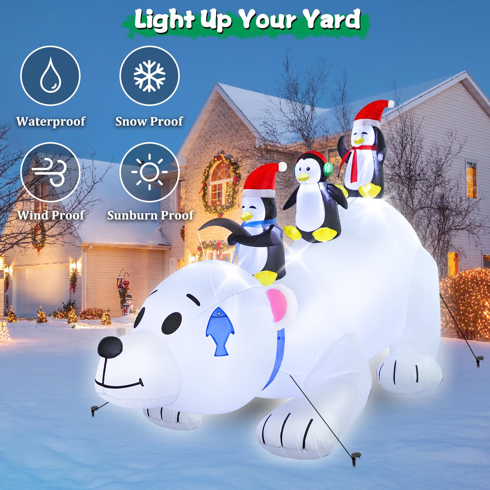 FunFanso 8FT Christmas Inflatable Polar Bear with Penguins Outdoor Yard Decorations, Blow up 3 Penguins Fishing on Big Polar Bea