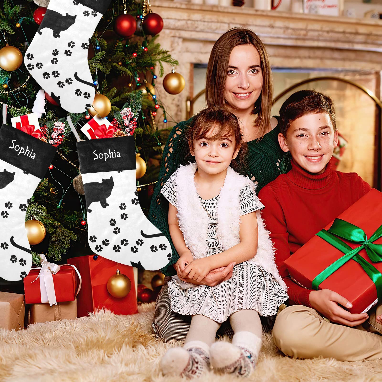 SunFancyCustom Black White Cat Paw Personalized Christmas Stockings with Name Custom Xmas Gift Fleece Holiday Decoration Gift 17