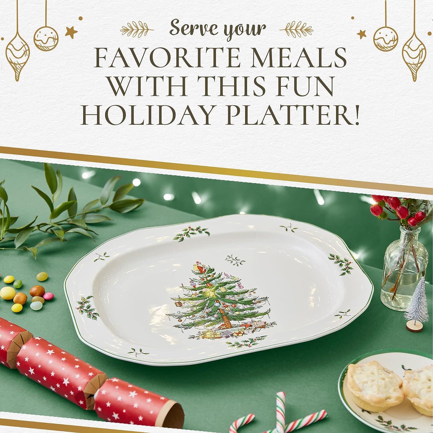 Spode Christmas Tree Sculpted Octagonal Platter, 14-Inch Holiday Serving Platter for Meats, Cheeses & Desserts, Dishwasher & Mic