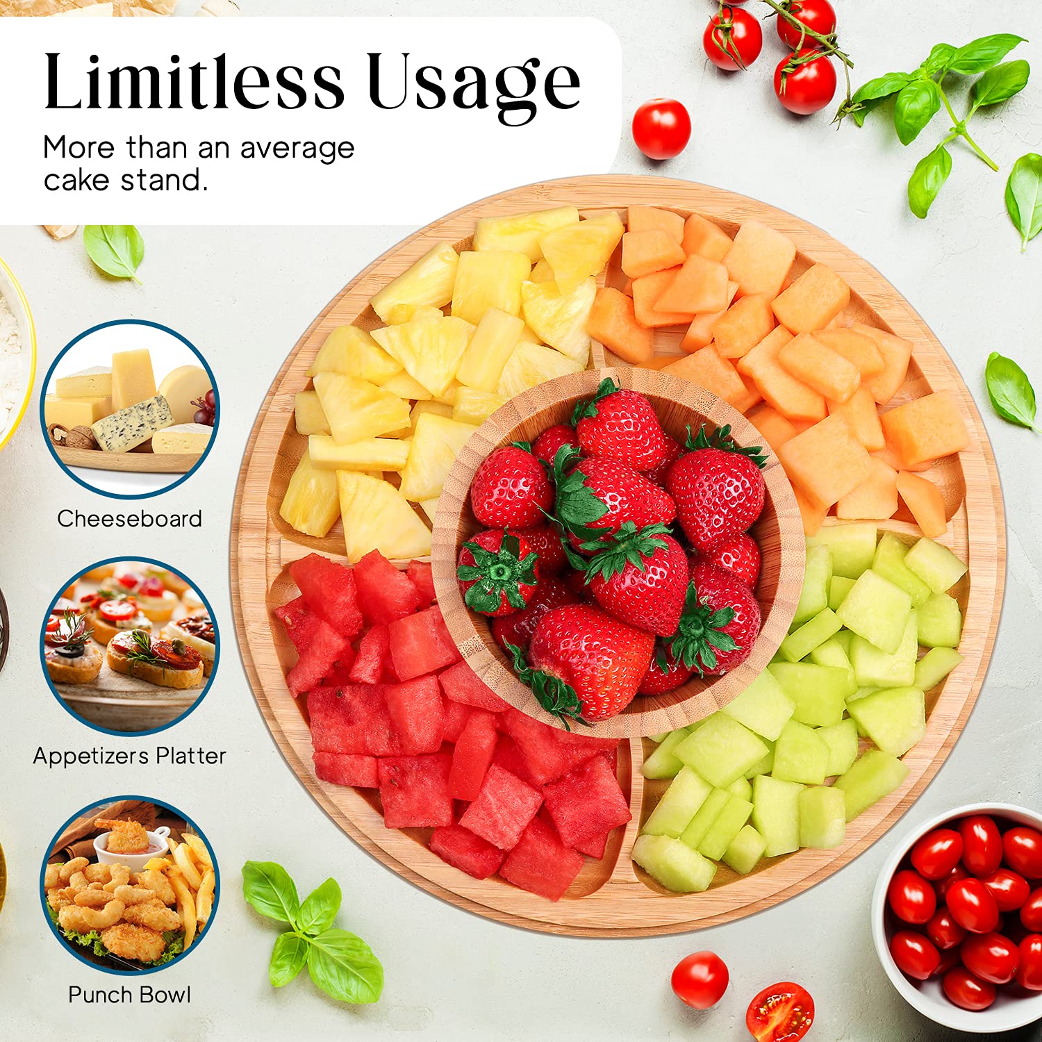 Homeries Bamboo Cake Stand With Lid, Cake Plate, (6 In 1) Multi-Functional Serving Platter, Large Cake Stand With Dome - Use As