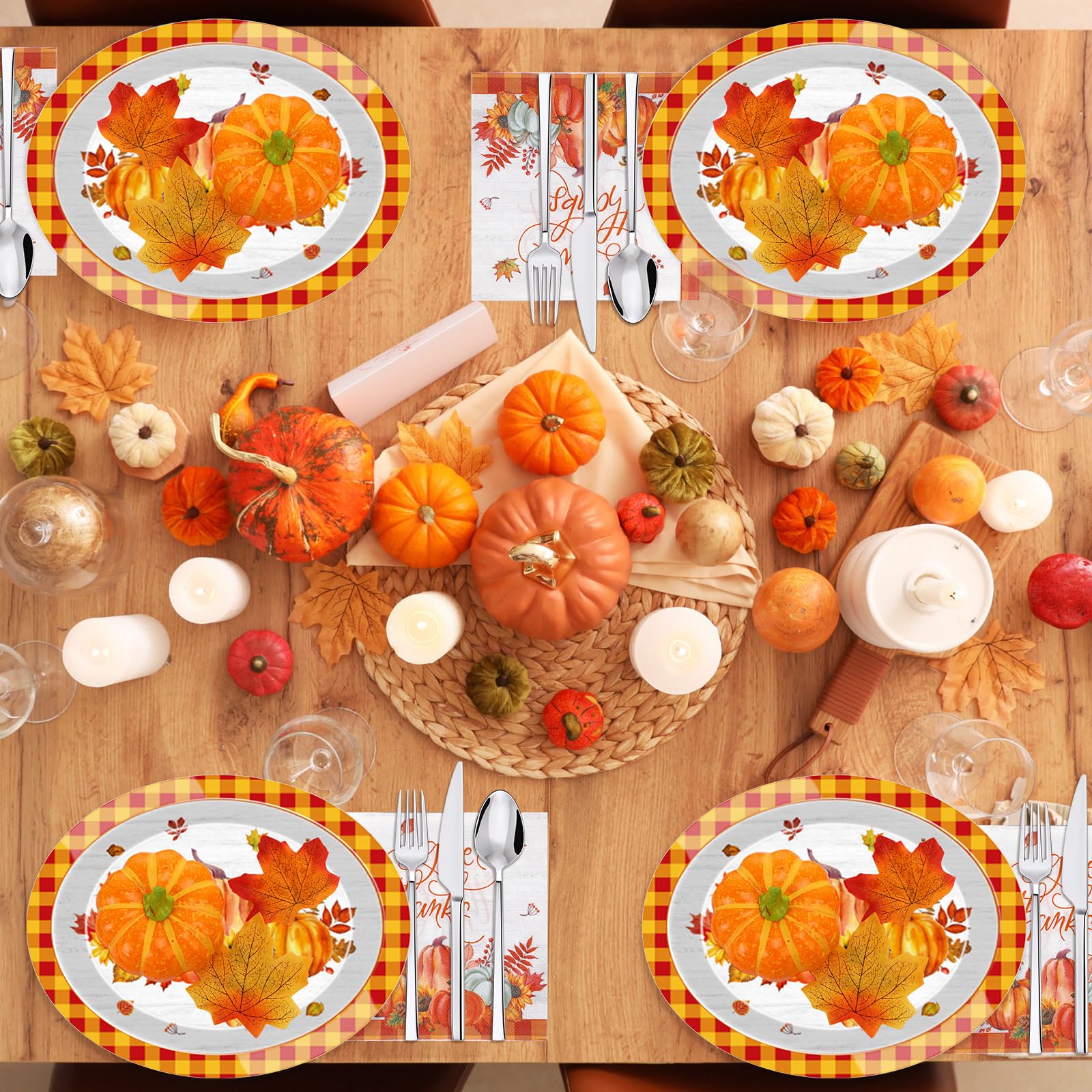 Mimorou 100 Pcs Thanksgiving Oval Paper Plates and Napkins Set-Serves 50, Disposable Fall Party Supplies Orange Pumpkin Serving