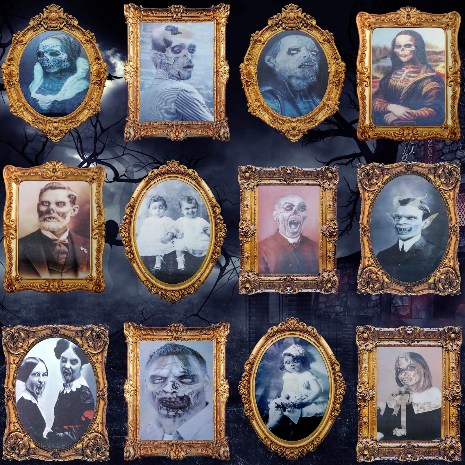 Cindeer 12 Pcs Halloween 3D Changing Face Moving Picture Frame Scary Decor Spooky Ghost Portrait Halloween Wall Decoration For W