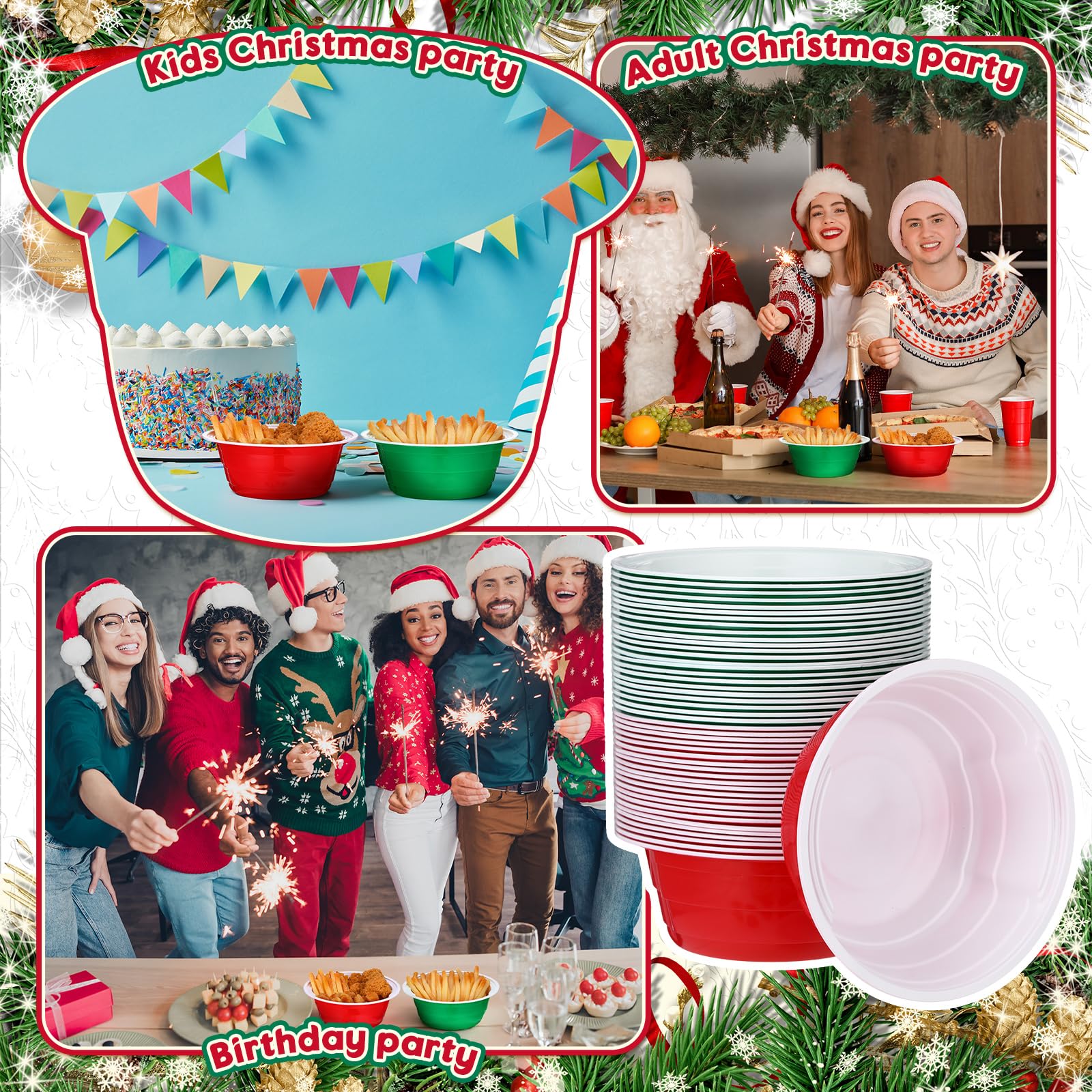 Baderke 50 Pcs Christmas Party Cup Bowls, 23 oz Disposable Plastic Bowls for Snacks, Salads and Desserts for Birthday, Thanksgiv