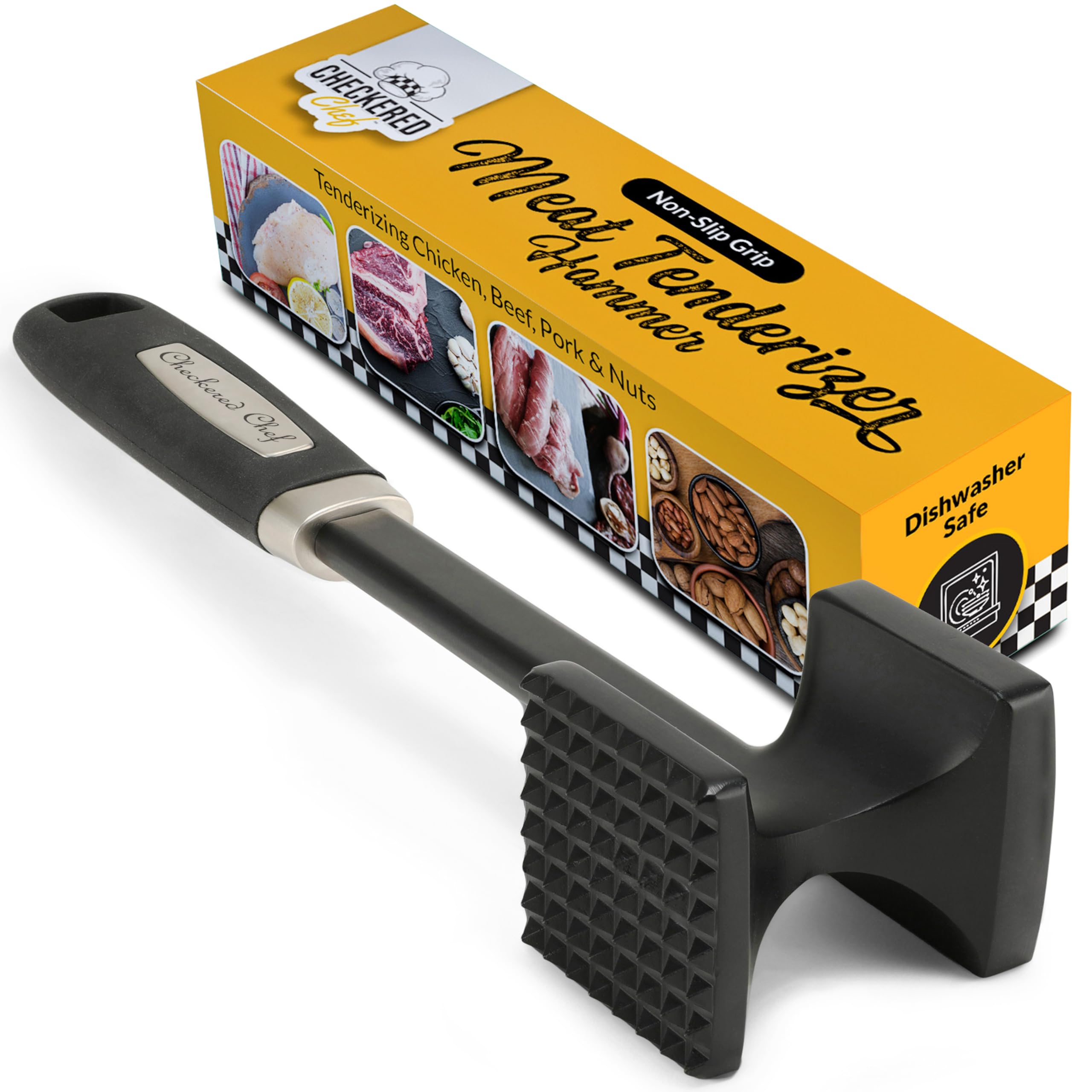 Checkered Chef Meat Tenderizer Tool - Dishwasher Safe Metal Kitchen Mallet for Tenderizing Chicken, Beef, Pork & Nuts with Non-S