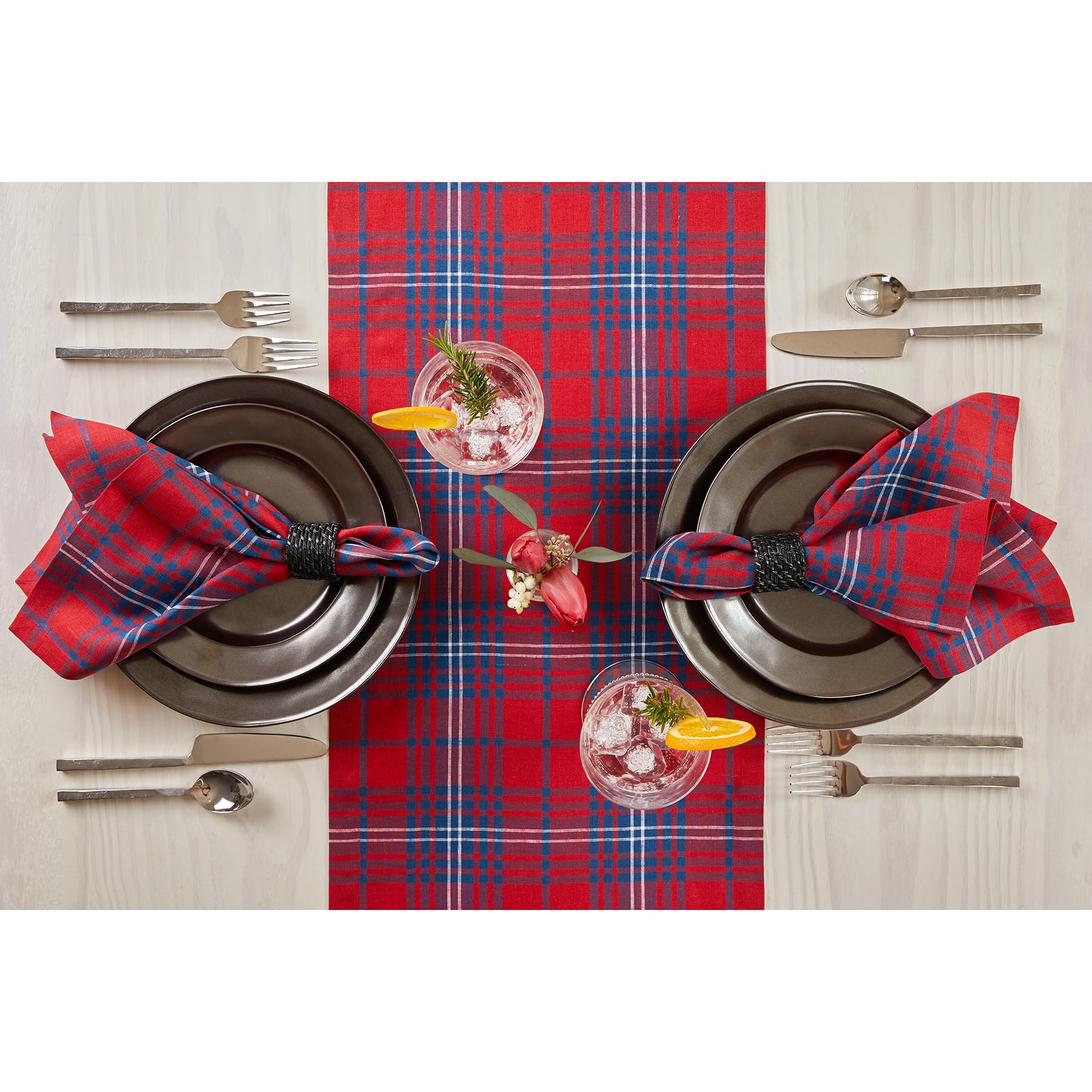 Solino Home Table Runner 36 Inch - 100% Pure Linen Red And Navy Tartan Plaid Table Runner 14 X 36 Inch - Handcrafted And Machine