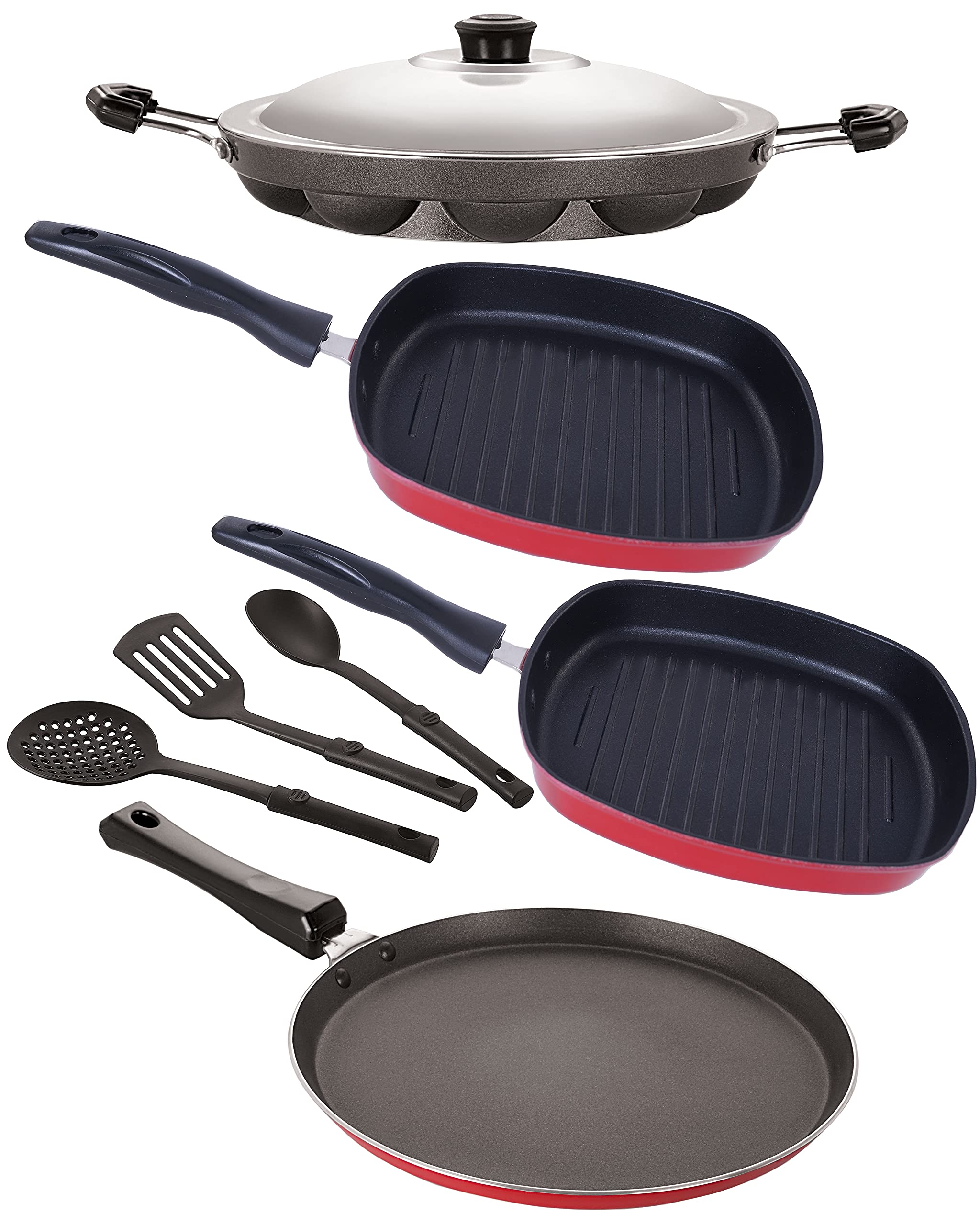 Nirlon Nonstick Coated Aluminium 7 Pcs Set Of Appam12 Cavity,Grill Pan22.5Cm,Grill Pan24.5Cm,Flat Tawa27Cm & 3 Spoon (2.6Mm_