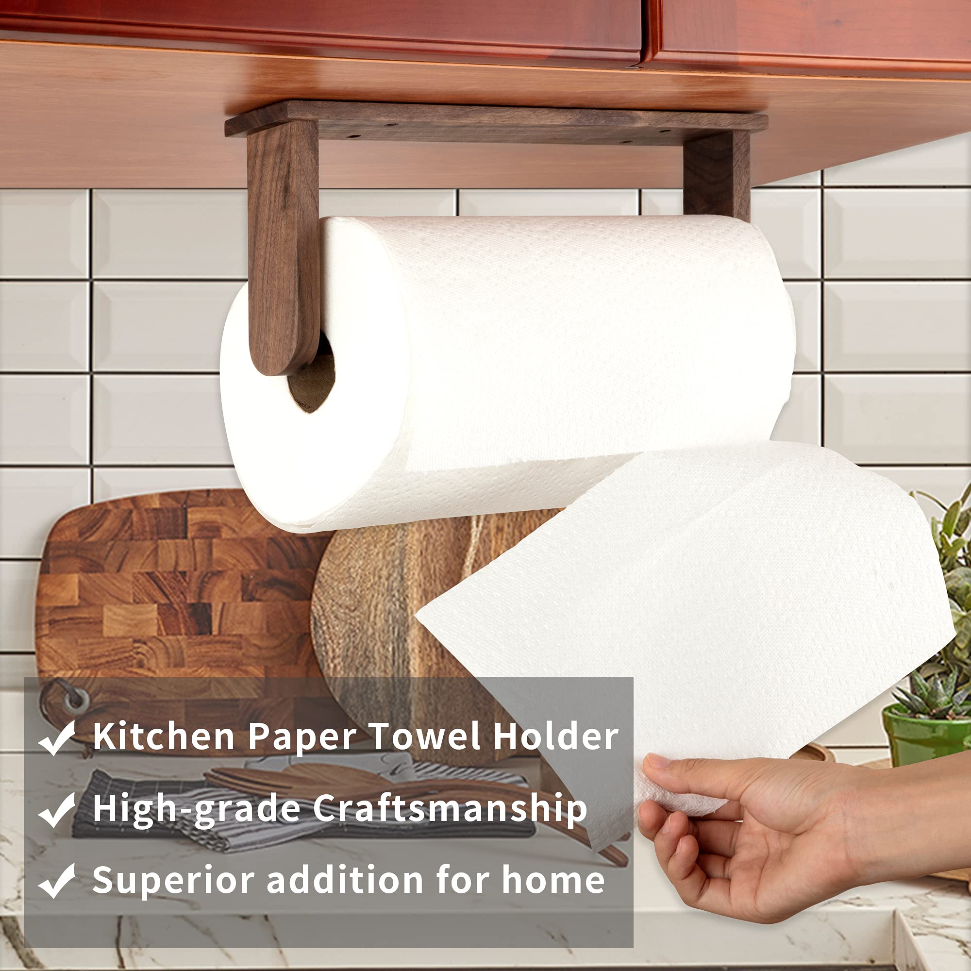 Wood-Paper-Towel-Holder-Under-Cabinet-Kitchen-Handmade - Wall Mounted/Adhesive No Drill Sturdy Roll Hanging Organizer, Horizonta