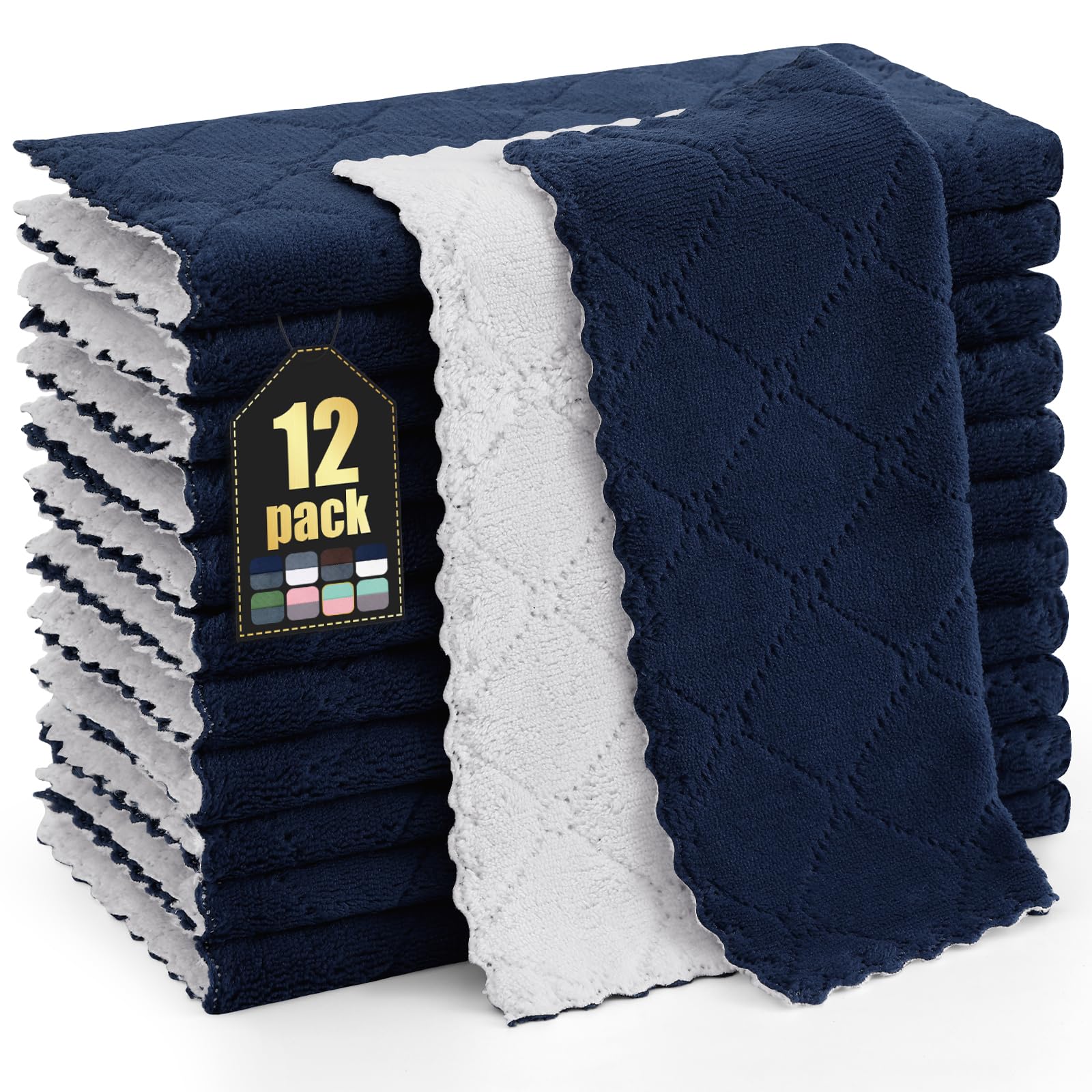 Homaxy 12 Pack Kitchen Cloths Dish Towels (10 x 10, Navy Blue & White), Super Soft and Absorbent Dish Cloths, Coral Velvet Micro