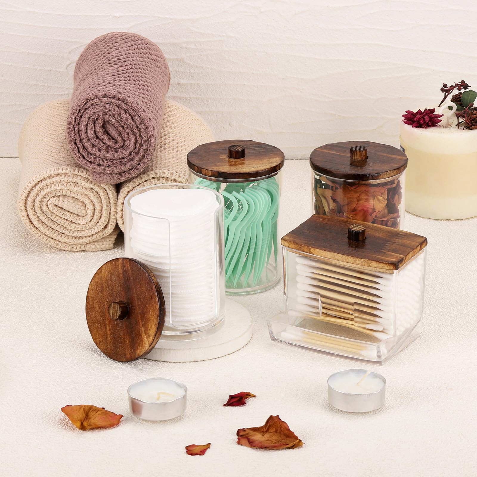 Tbestmax 4 Pack Qtip Holder Dispenser, 10/7Oz Bathroom Container For Cotton Ball Cotton Swabs Pads, Apothecary Jar With Wood Lid