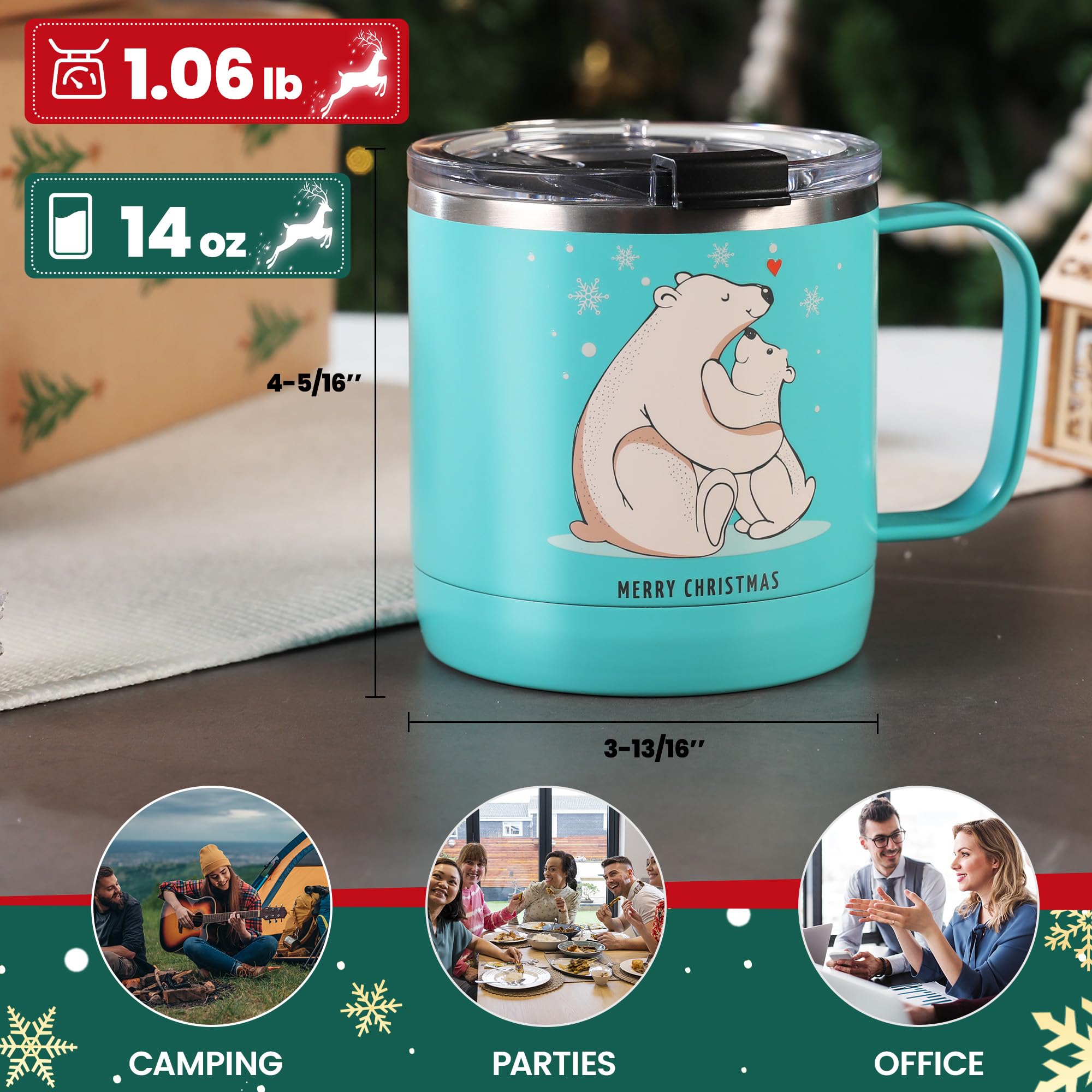 HAUSHOF 14oz Christmas Mug, Stainless Steel Coffee Mugs with Lid and Handle, Insulated Coffee Cups, Ideal Christmas Gifts for Mo