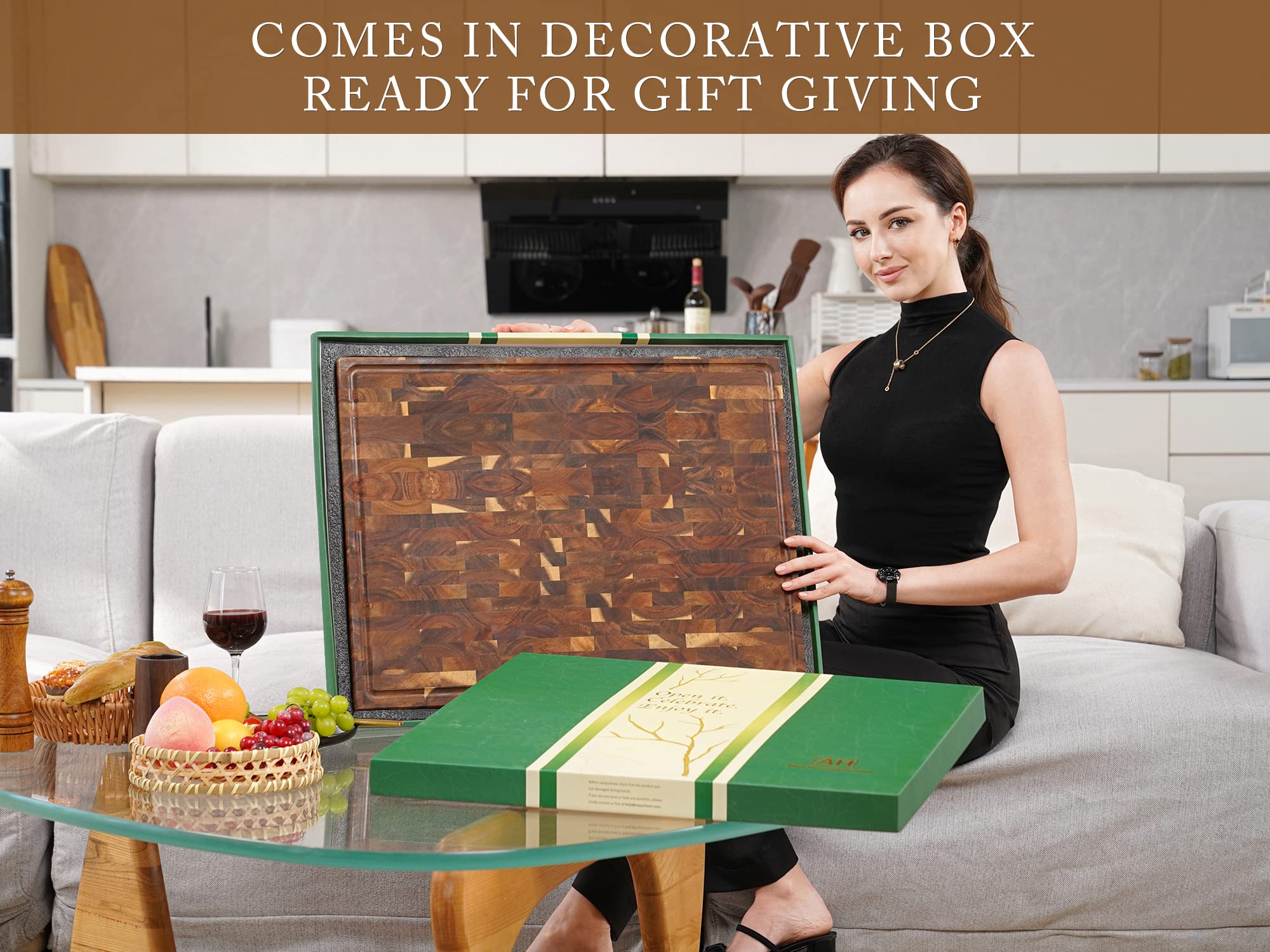 AZRHOM Thick End Grain Acacia Wood Cutting Board 24x18x2 In, Wooden Butcher Block, Chopping Board For Kitchen with Juice Groove