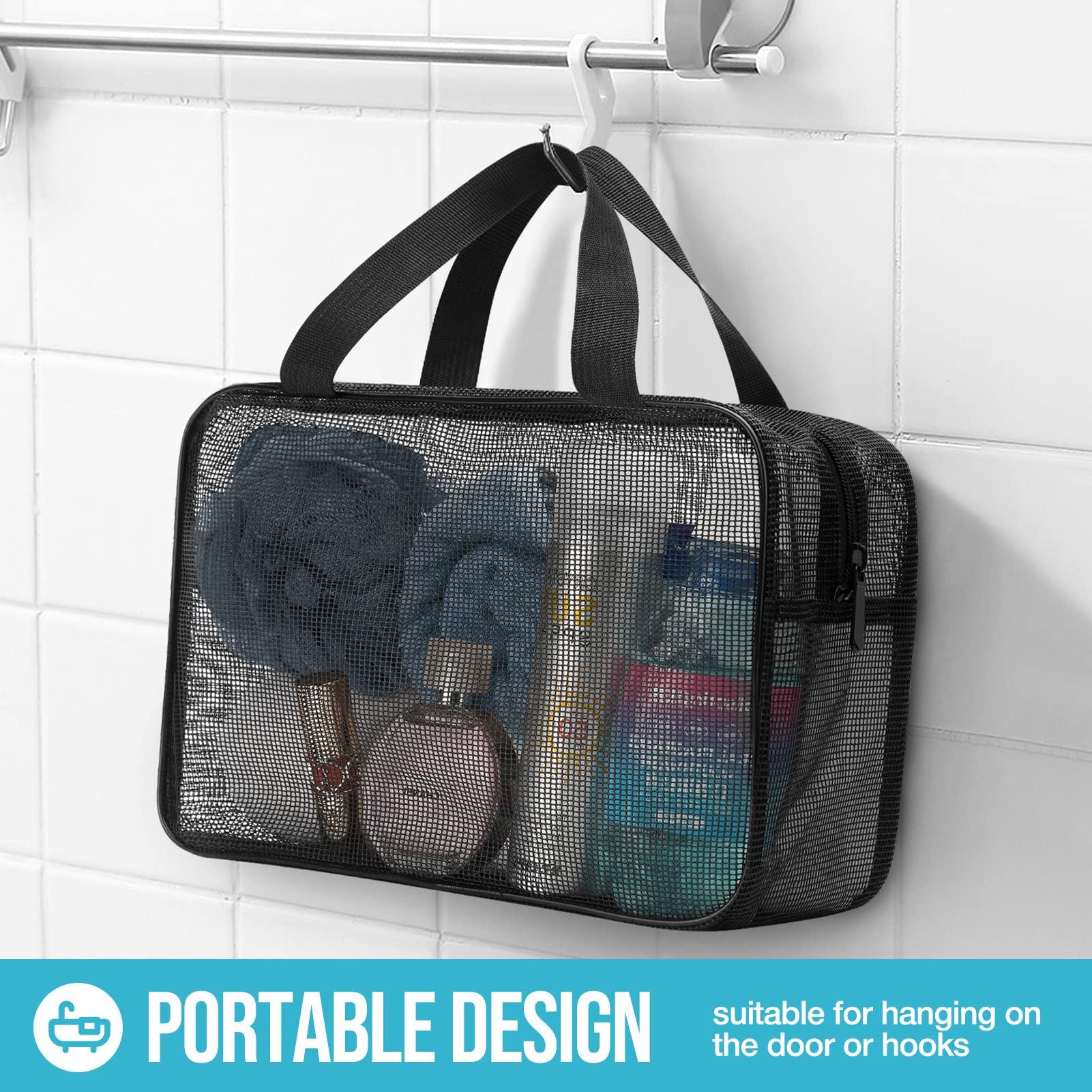 Gocvo Mesh Shower Caddy Mash Shower Bag Black Portable Mesh Accessories Organizer Tote For Gym College Dorm Room (Black-Large)