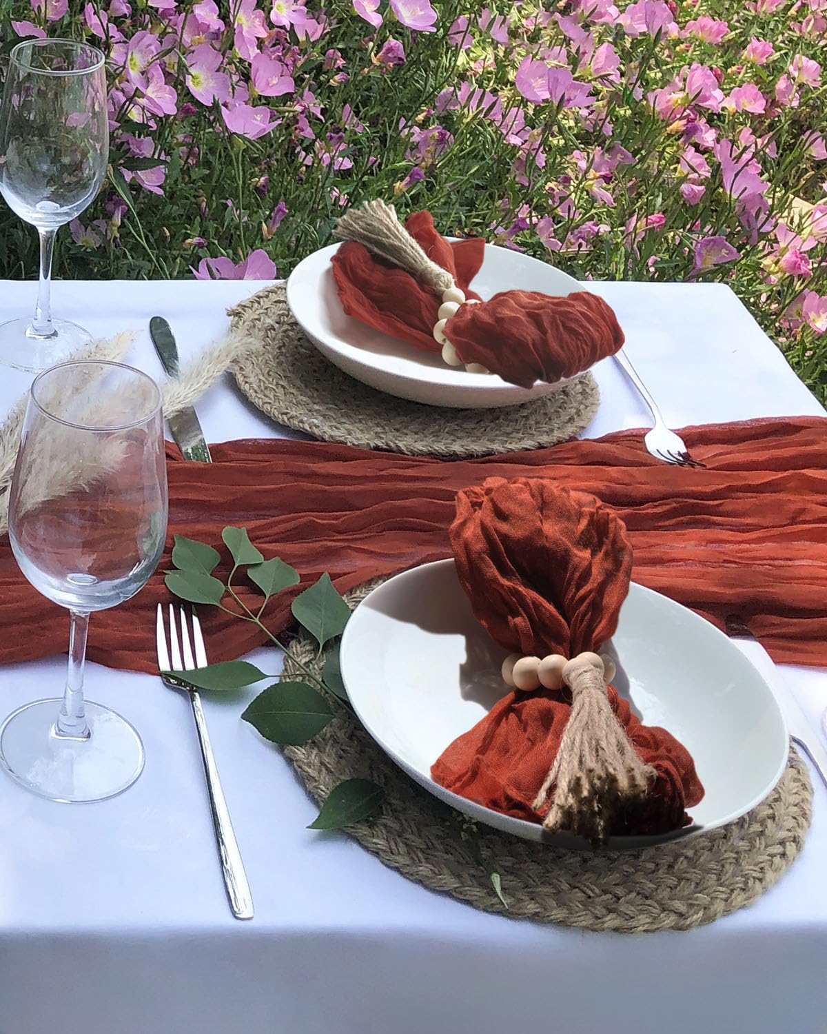 Fusenyuan Terracotta Cheesecloth Table Runner 10Ft +6 Napkins +6 Wood Bead Tassel Napkin Rings (120'' X 35'' ) Rustic Gauze Shee