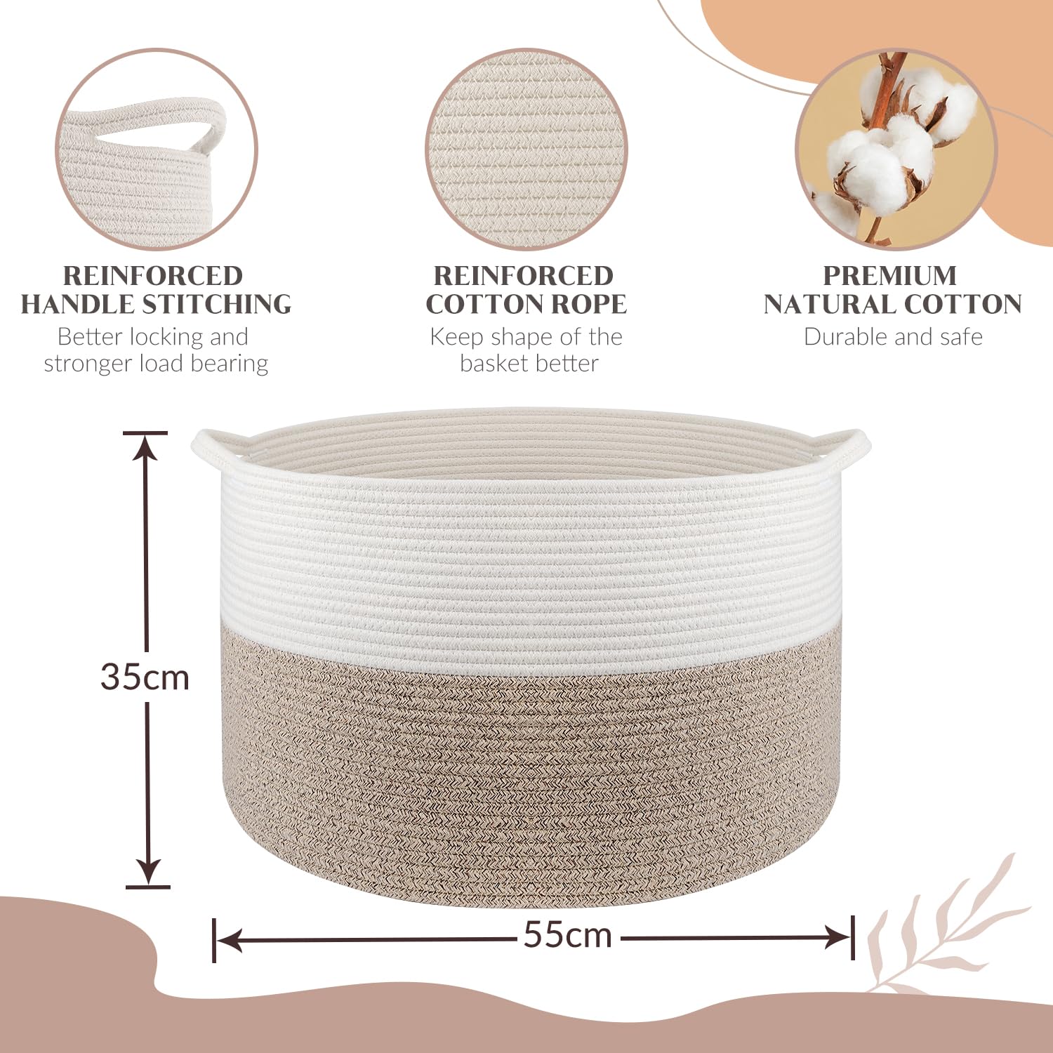 Throw Blanket Basket for Living Room  Extra Large Cotton Rope Basket for Storage  Woven Laundry Basket with Handles  Baby Toy Storage Basket  Towel Basket  22'' x 22'' x 14'' Pillow Basket