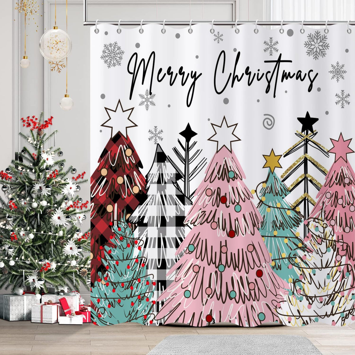 Caheansi Merry Christmas Shower Curtain, Colorful Buffalo Check Plaid Xmas Tree Winter New Year Holiday Bathroom Curtain Waterpr