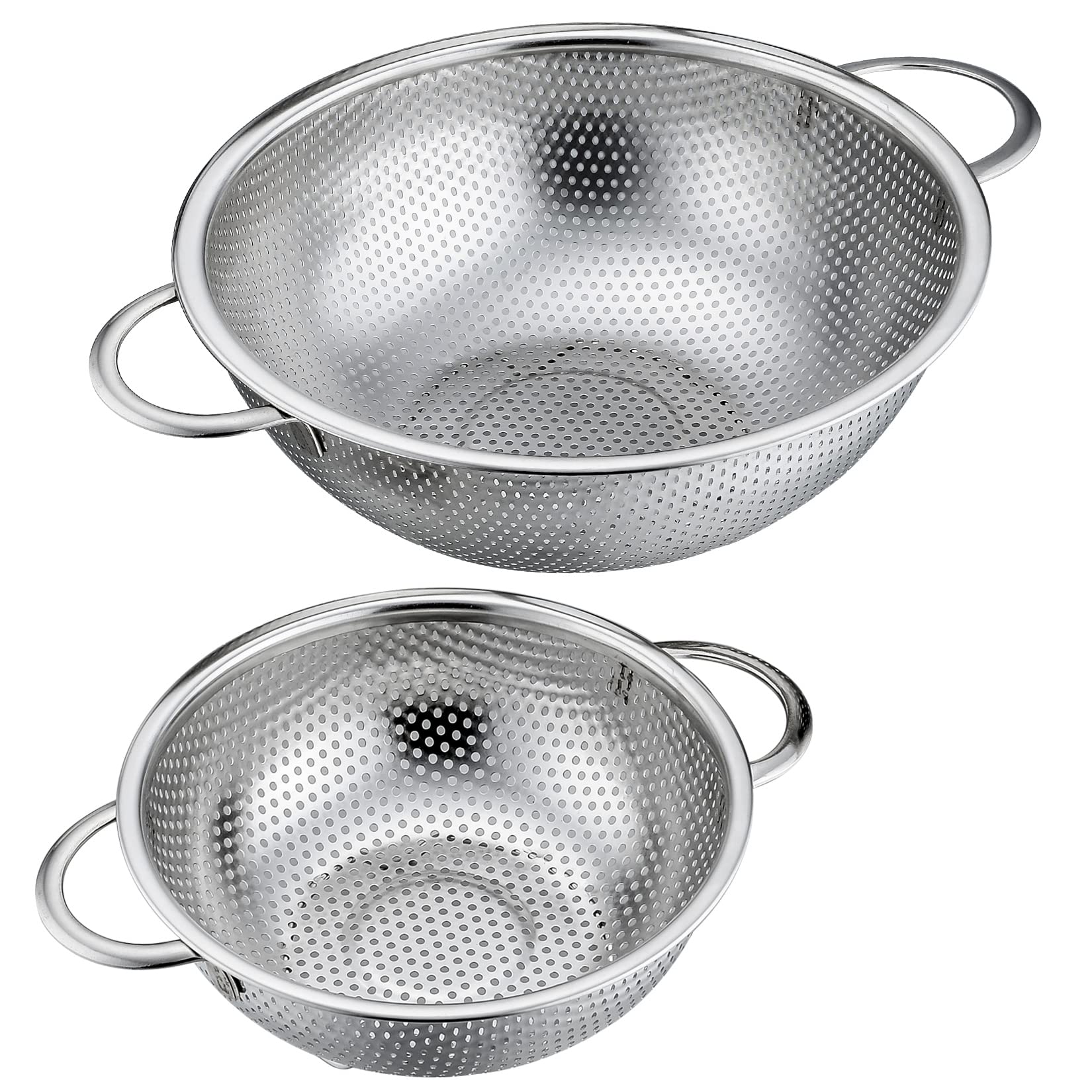 2-Piece Colanders (1 + 3 Qt), P&P Chef Stainless Steel Food Strainer With Handle, Micro-Perforated For Washing Rinsing Draining,