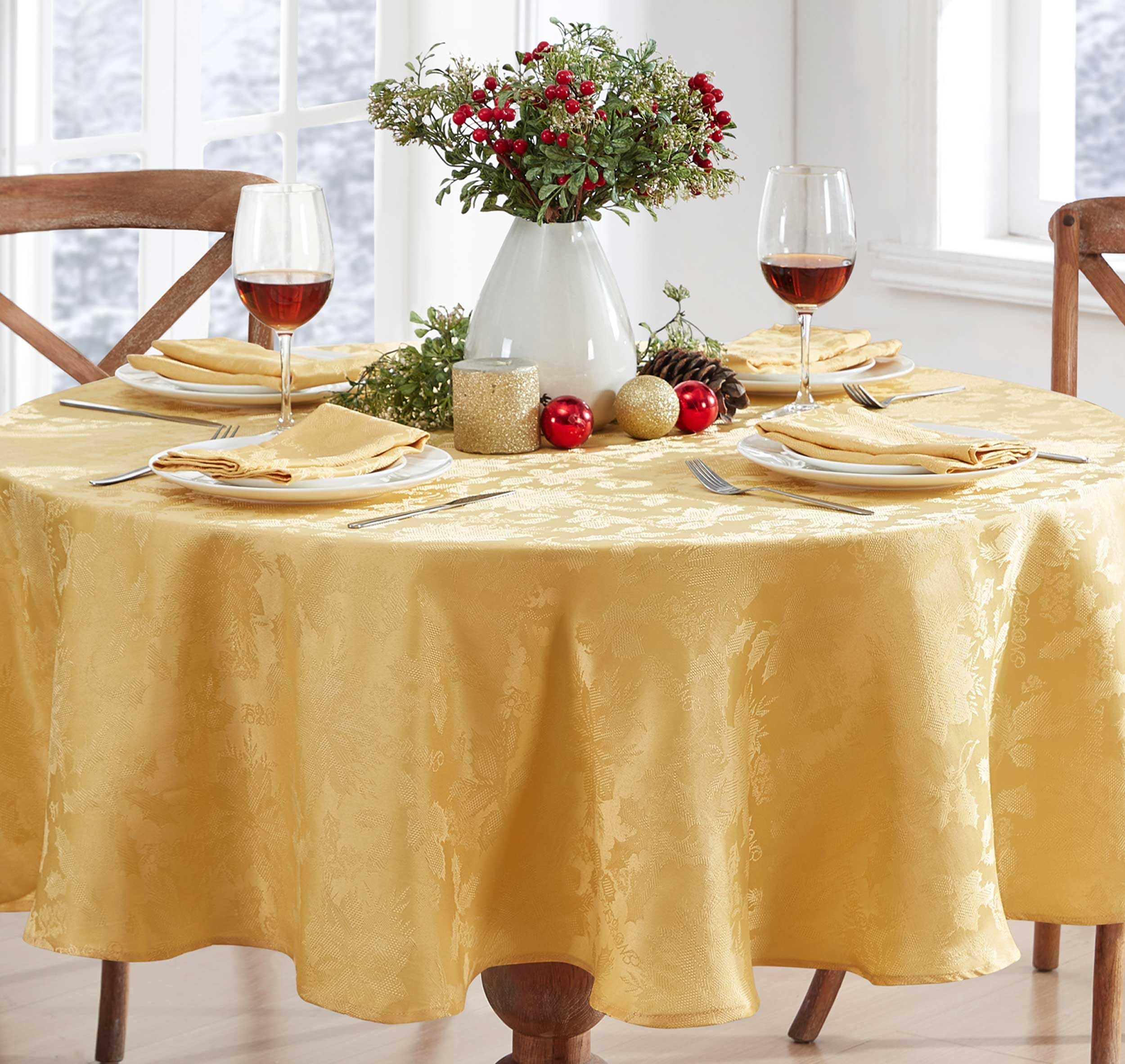 Newbridge Achristmas Carola Holiday Noel Damask Tablecloth, Holly Leaf And Poinsettia Weave Damask Soil Resistant, Wrinkle Free