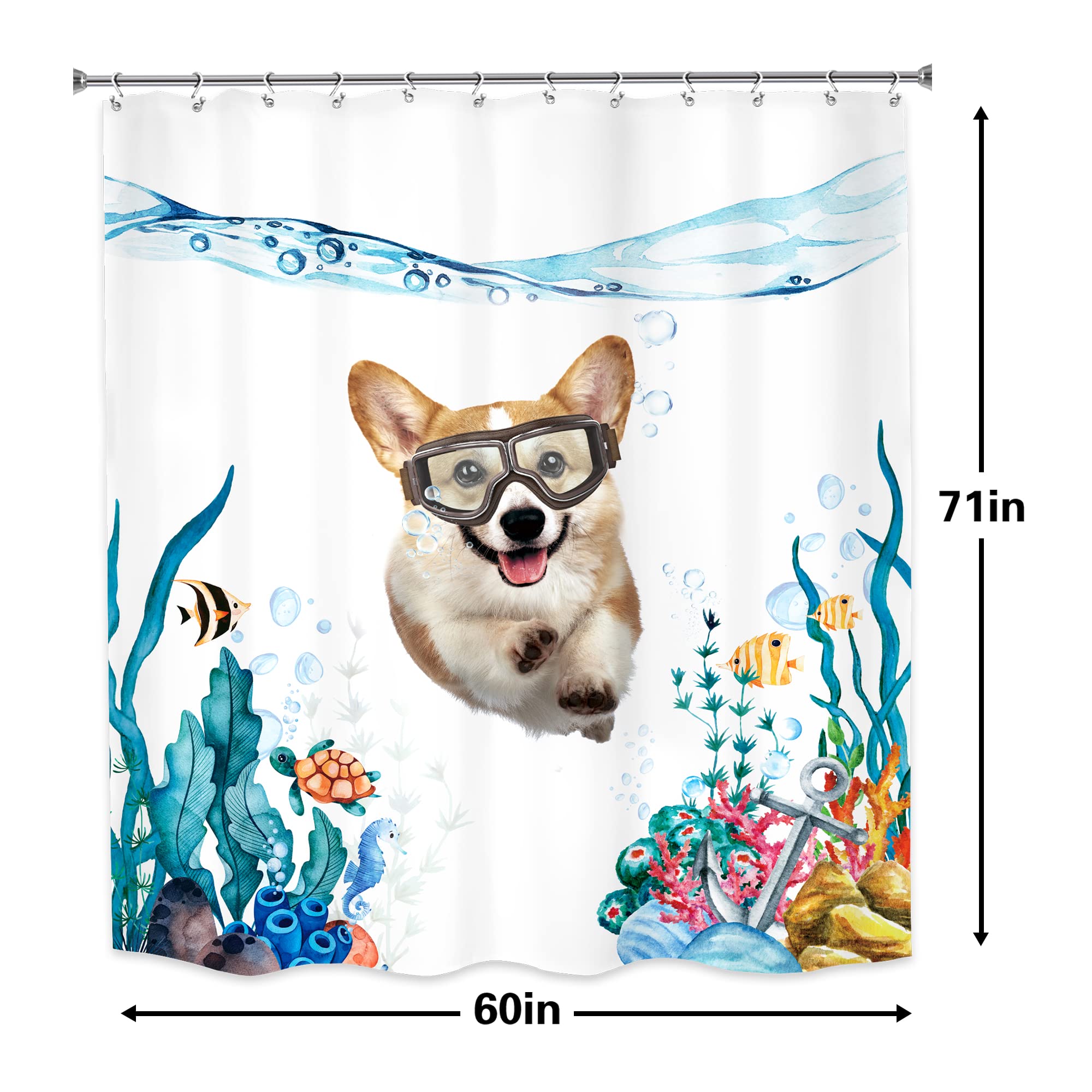 Lghtyro Funny Dog Shower Curtain Bathroom Set 60Wx71H Inches Hilarious Swimming Dog Blue Sea Ocean Bath Accessories Nautical Cut