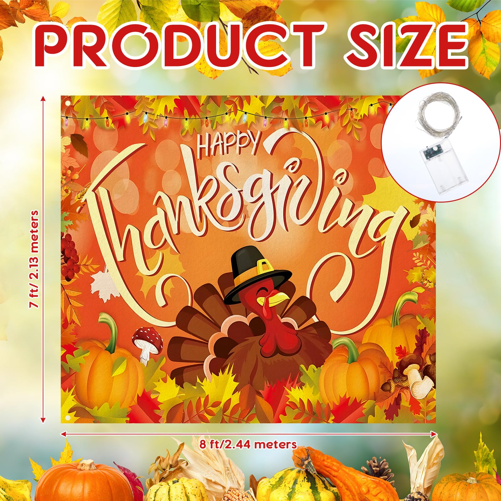 Preboun 7 x 8 ft Happy Thanksgiving Garage Door Cover Turkey Day Garage Door Banner with String Light Fall Large Autumn Holiday
