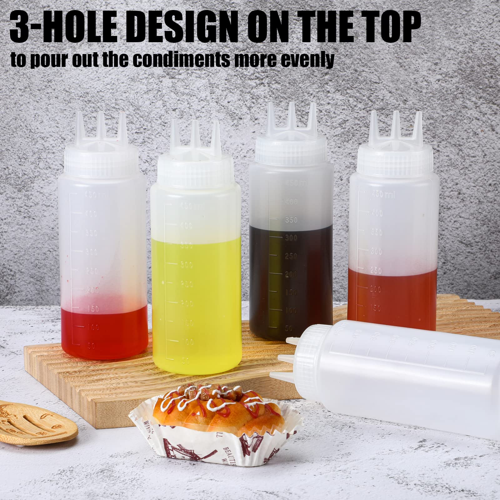 Dingion 8 Pcs 3 Hole Squeeze Bottles 16 Oz Plastic Condiment Squeeze Bottles Salad Dressing Container Sauces Squeeze Bottles For
