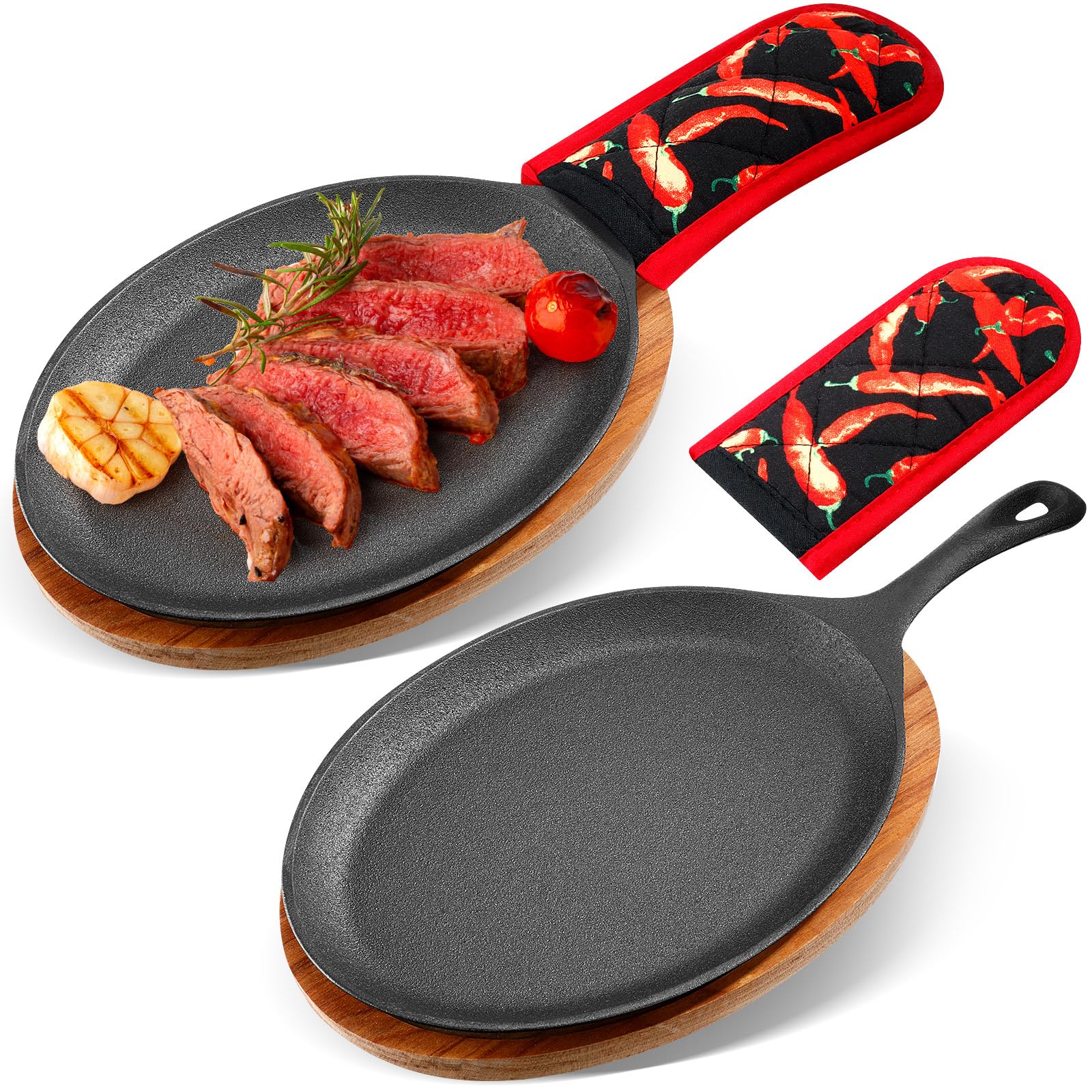 Lallisa 2 Sets Cast Iron Fajita Plate Set Fajita Plate Sizzler Pan With Wooden Tray Anti Scald Protection Hot Mitt Cast Iron Ski