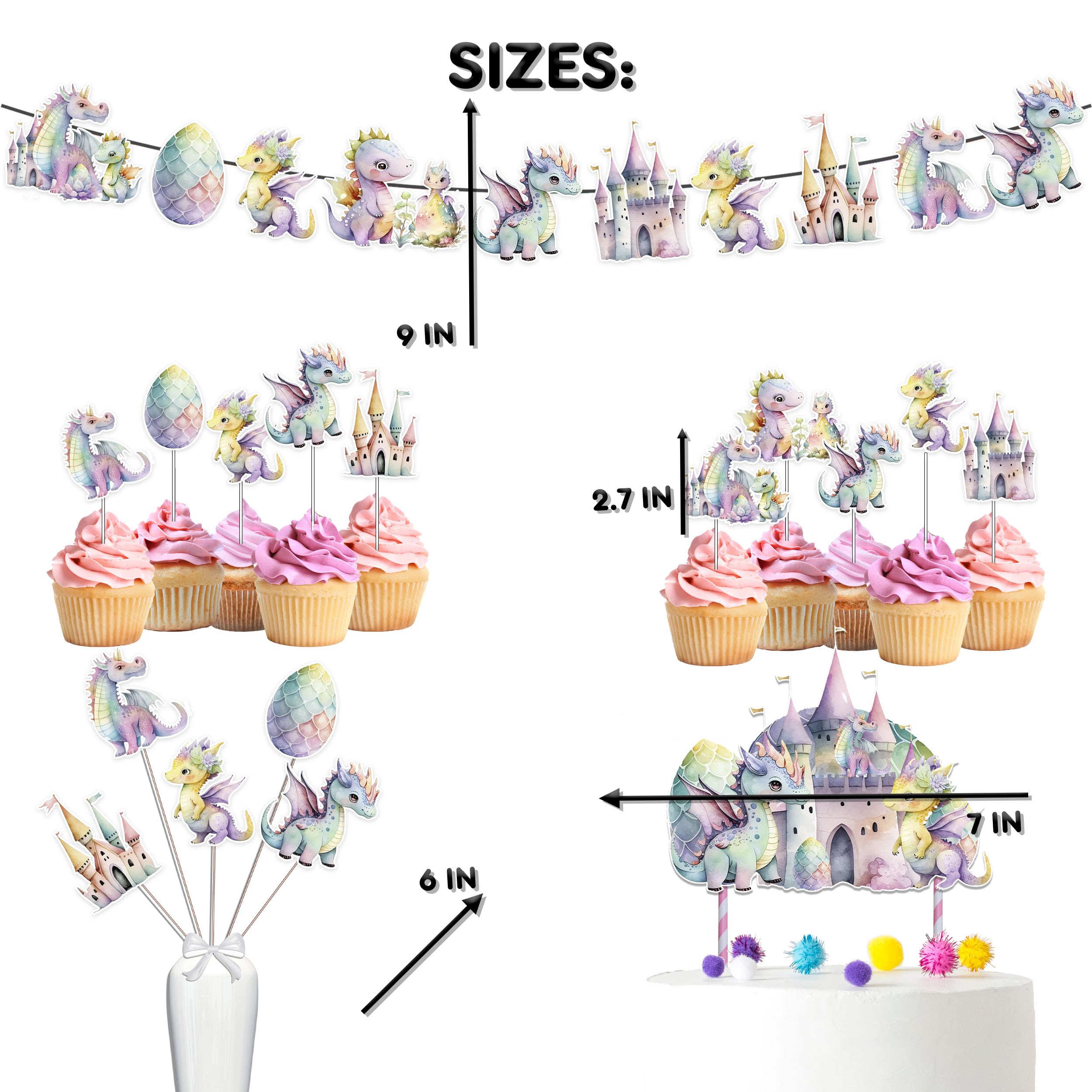 Pink Dragons Baby Shower And Birthday Party Supplies Set - Banner, Centerpieces, Cupcake Toppers, Cake Topper