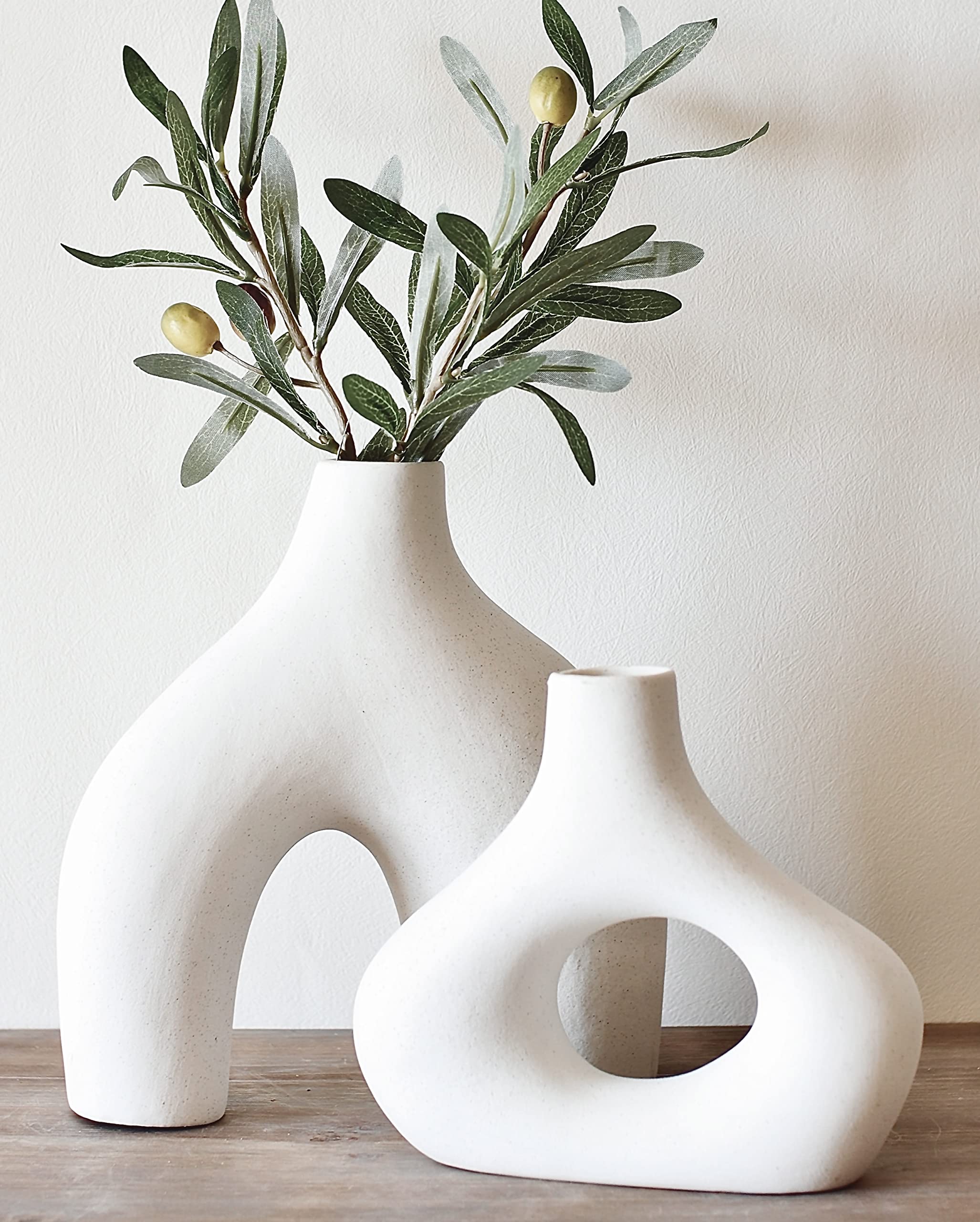 Carrots Den Donut Vase, Set of 2 - Minimalist Nordic, White Ceramic Hollow Donut Vase Decor | Table Centerpiece, Olive Plant, W