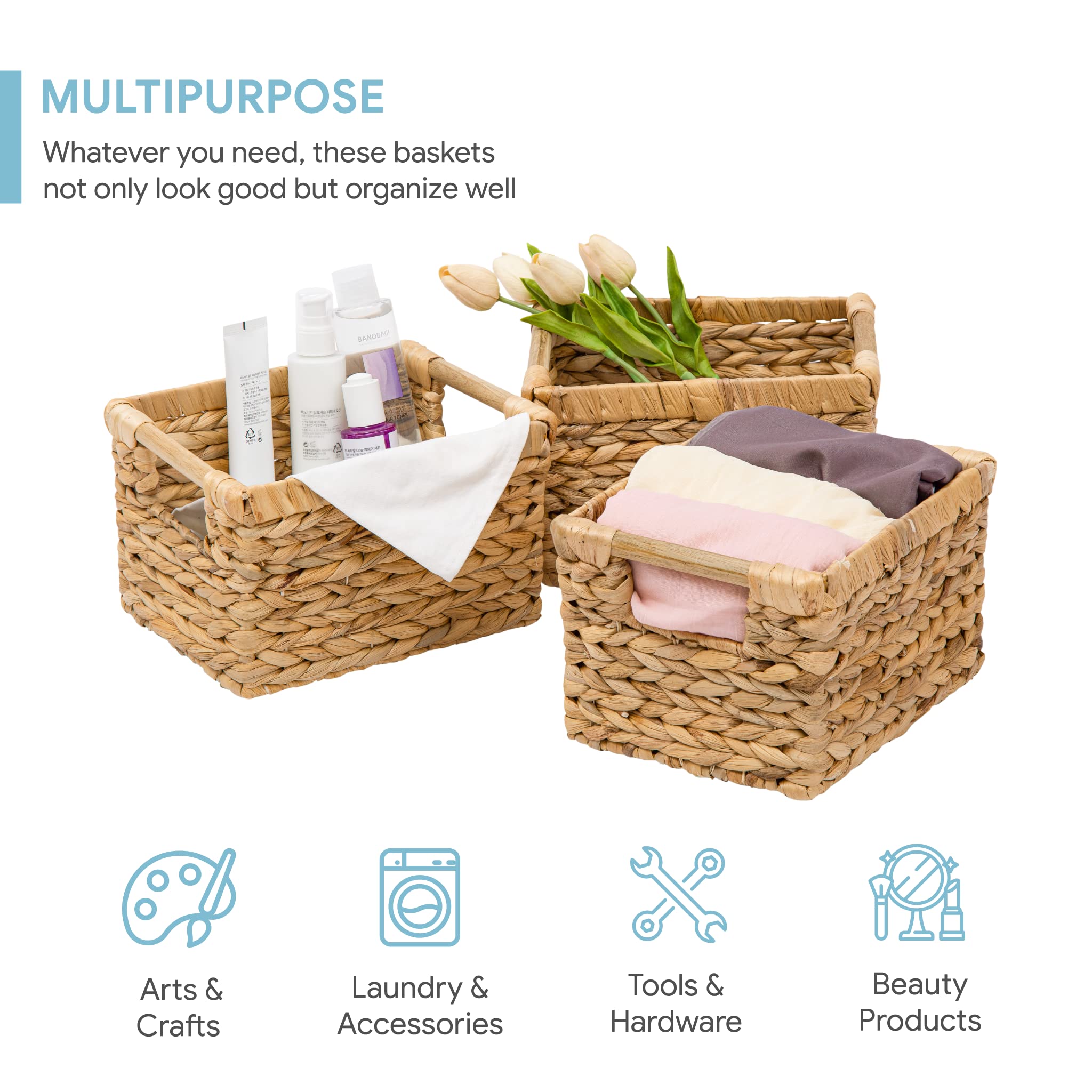 Small Wicker Baskets For Organizing Bathroom, Hyacinth Baskets For Storage, Wicker Storage Basket With Wooden Handle, Decorative