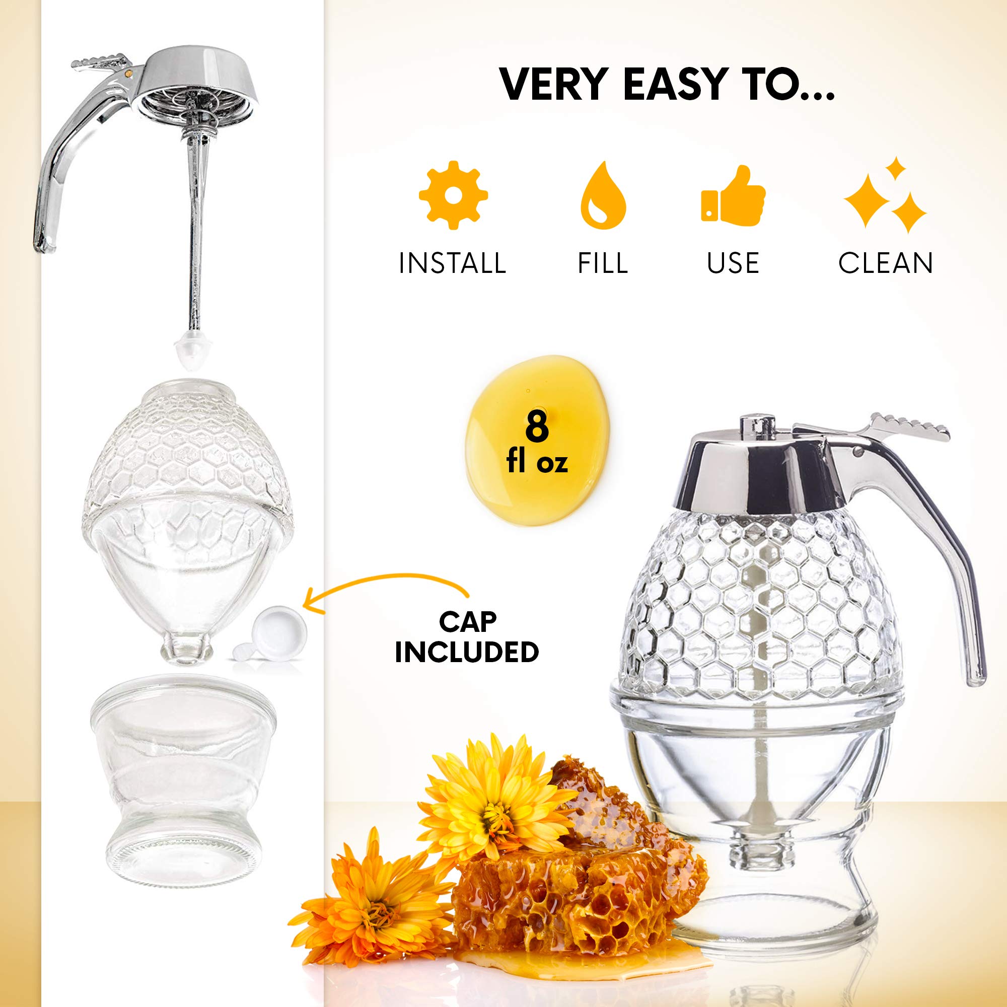 Hunnibi No Drip Glass Honey Dispenser - Beautiful Honeycomb Shaped Pot And Maple Syrup Dispenser - Great Bee Decor And Stand - H