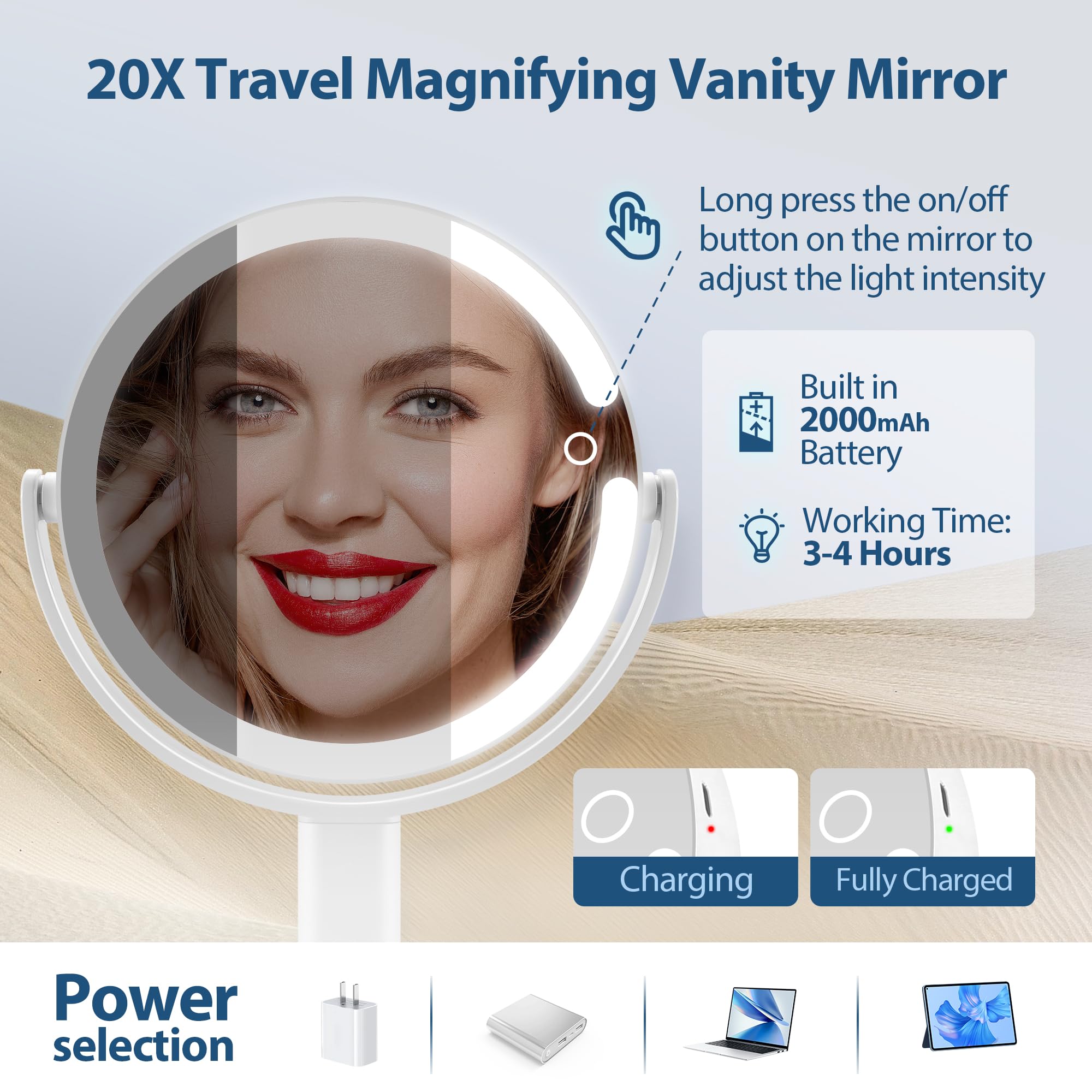 Lighted Makeup Mirror, 20X Magnifying Mirror With Light And Adjustable Brightness, Vanity Mirror With 3 Color Light, 2-Sided Tab