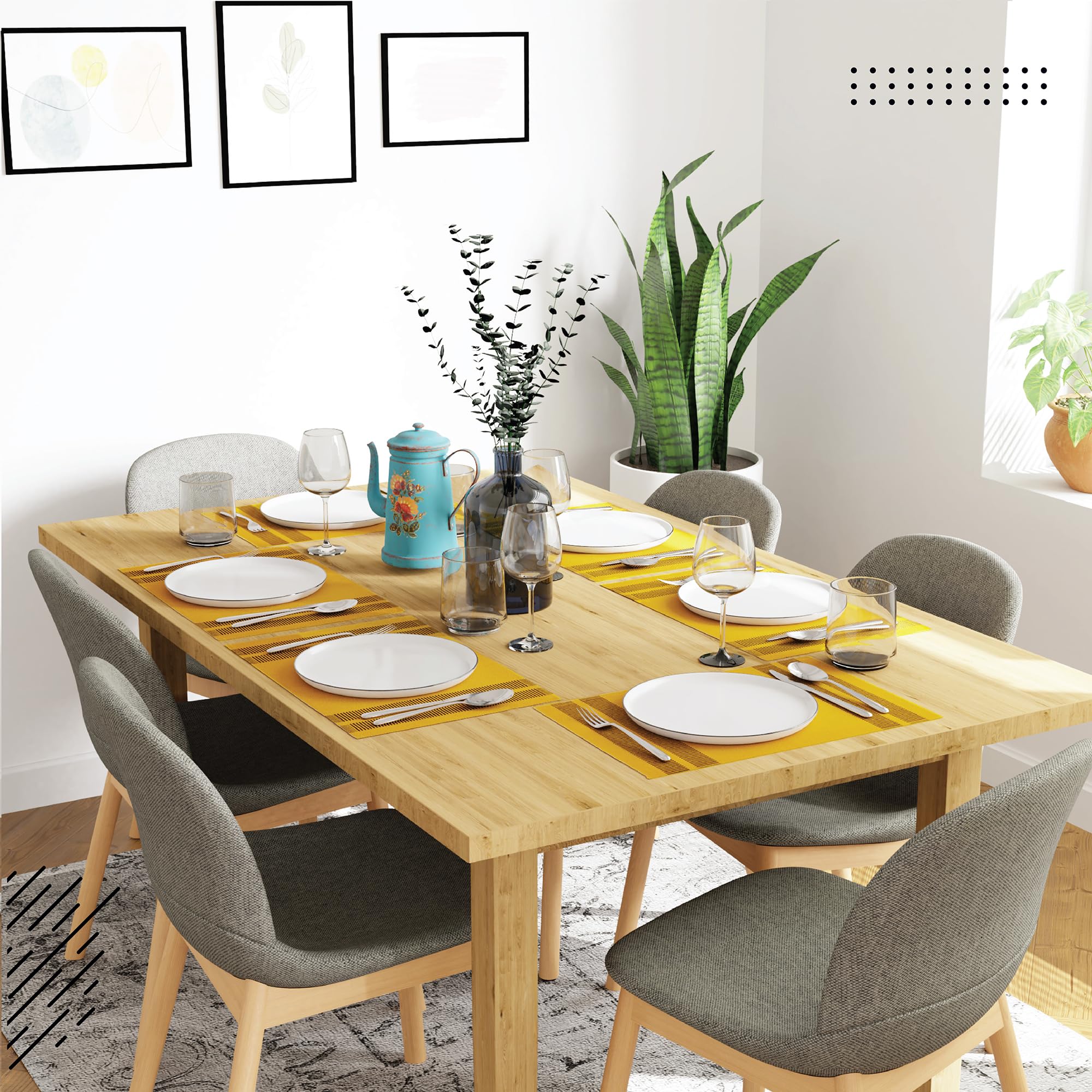Encasa Xo Dining Placemat Set Of 6 | Ladder Yellow Color | Fine Ribbed Cotton Table Mat | Size 18X13 In | Machine Washable