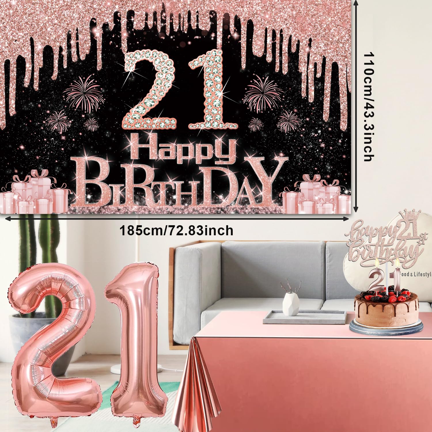 21St Birthday Decorations For Her With Banner, Rose Gold Tablecloth, Number Balloons, 21St Birthday Sash And Tiara, Cake Topper