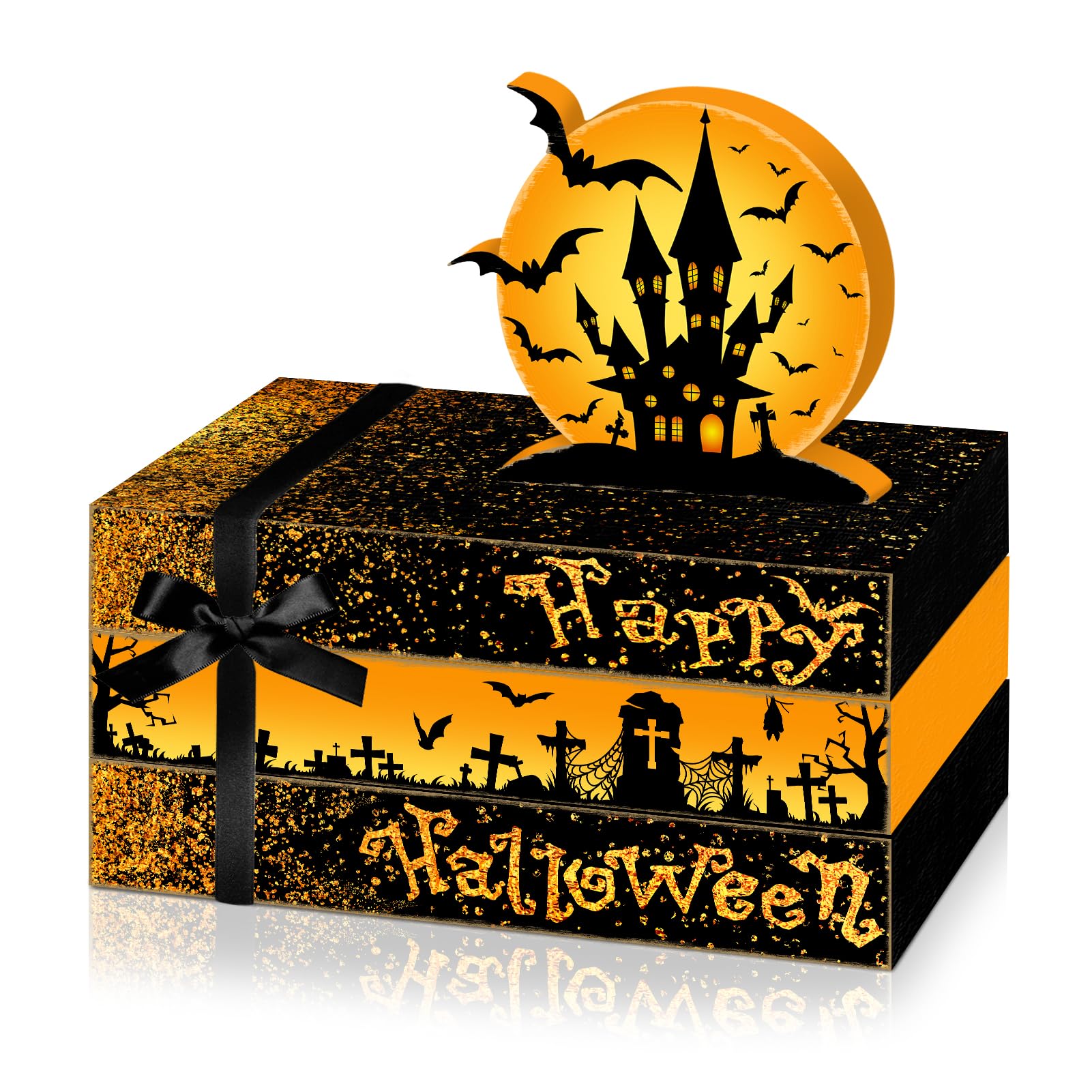 Culudea 4 Pcs Halloween Decorations for Home Castle Table Decor Halloween Bat Wooden Faux Book Stack Sign Tiered Tray Decor Spoo