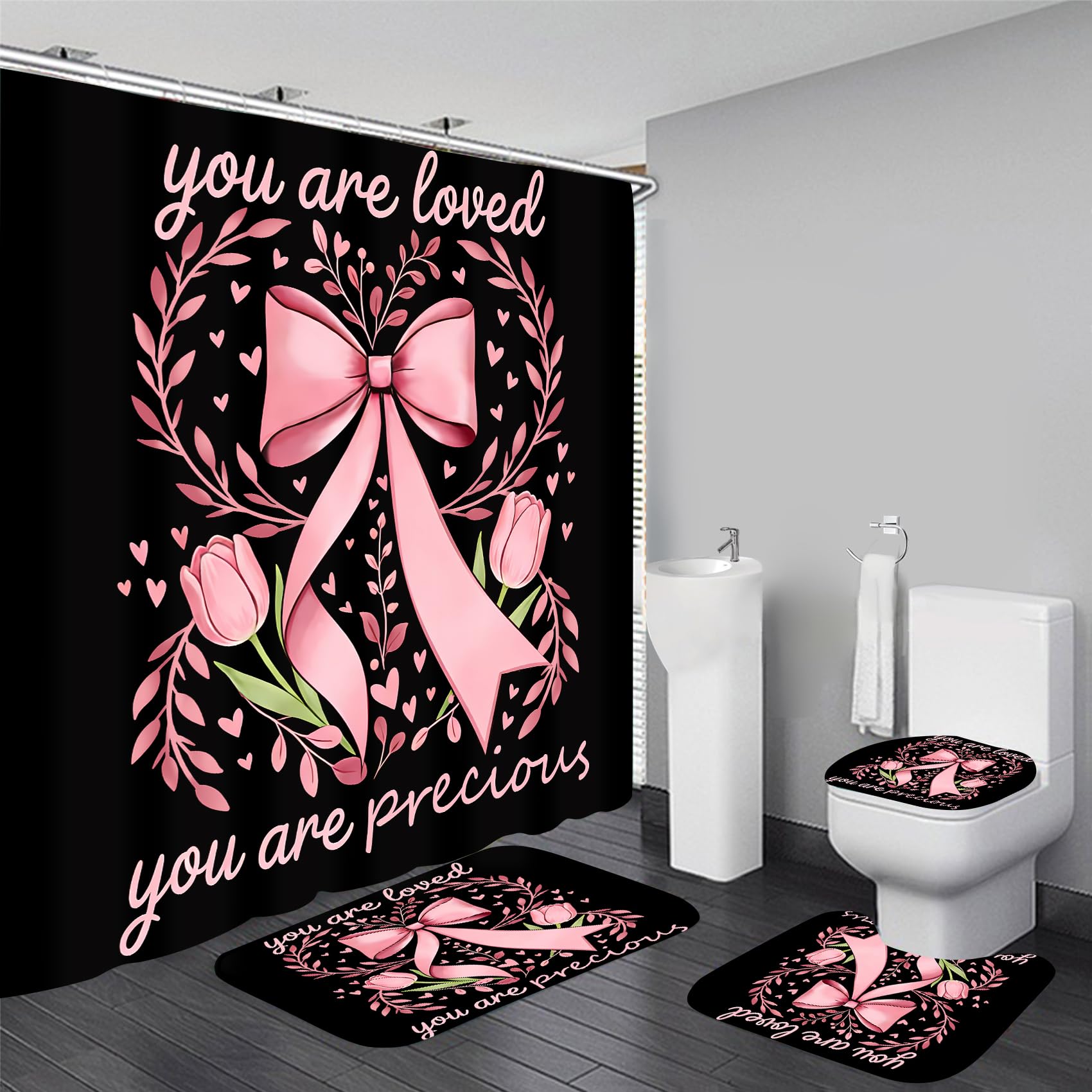 Azhm Black And Pink 4Pcs Shower Curtain Set Tulip Flower Bathroom Shower Curtains Set Floral Leaves Bathroom Decor With Rugs And