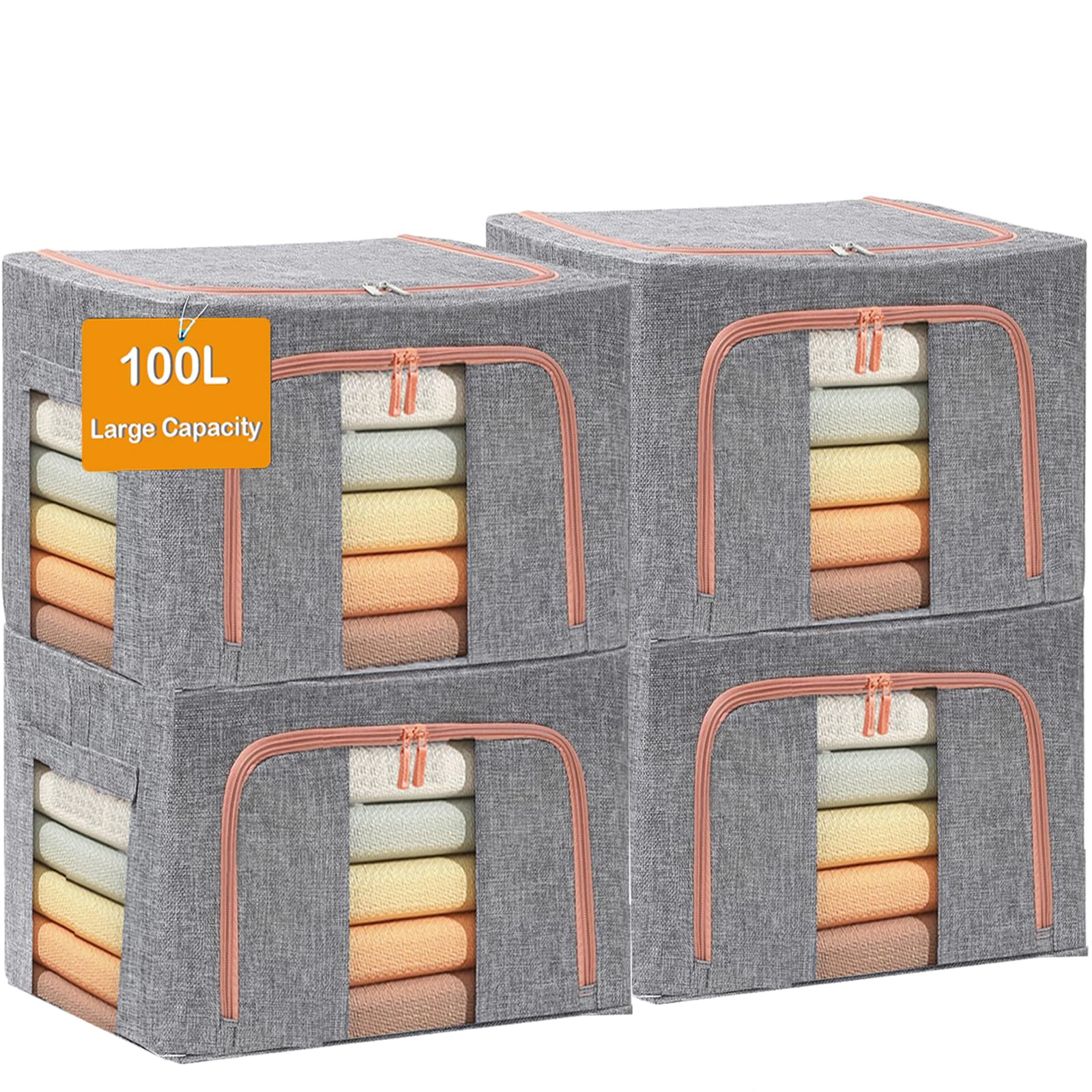 Large Storage Bags,Stackable Clothes Storage Bins with Hold Shape Metal Frame,Foldable Closet Organizer Containers with Zipper,C