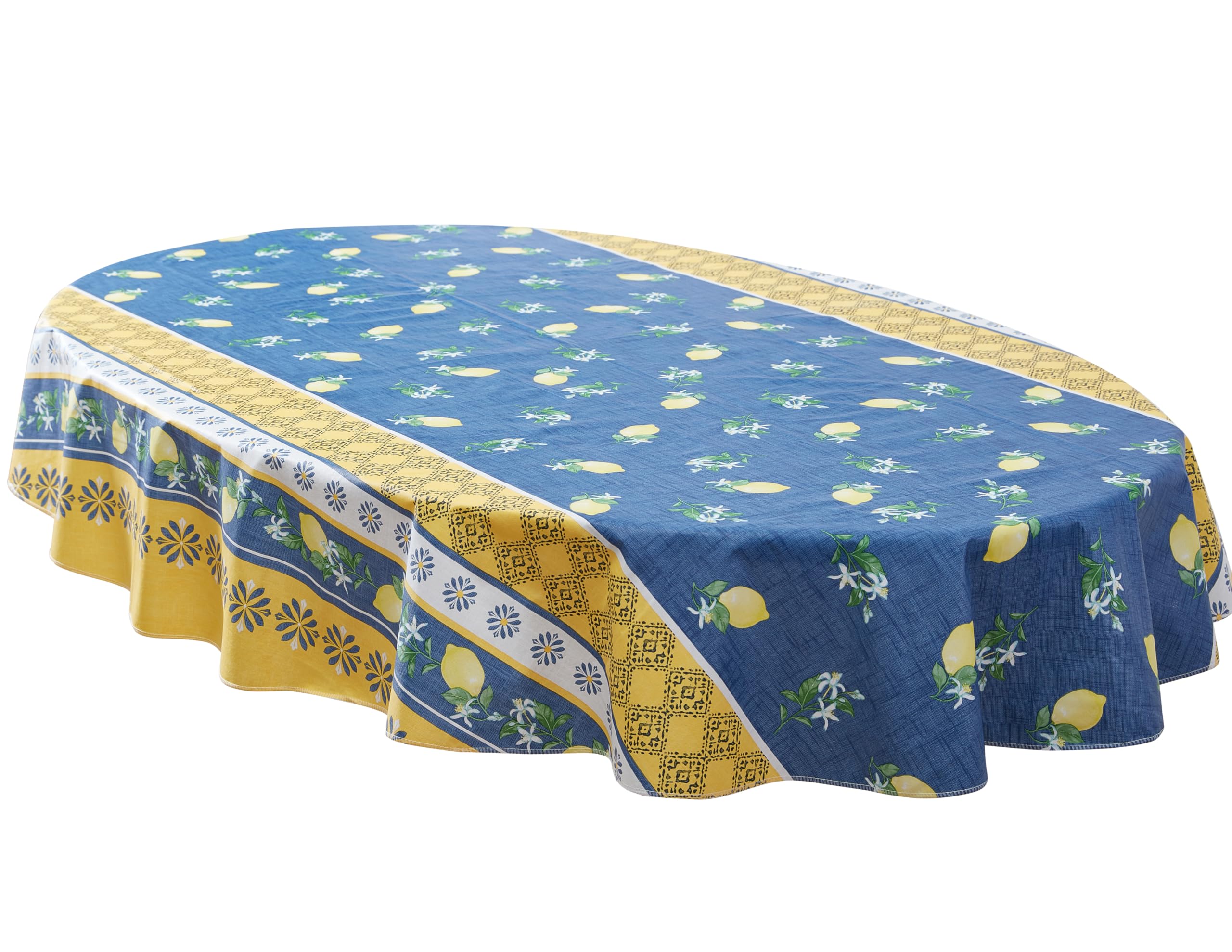 Home Bargains Plus Oval Vinyl Tablecloth With Flannel Backing, 60 X 84 Inch, French Country Lemon Grove, Yellow And Blue Lemons