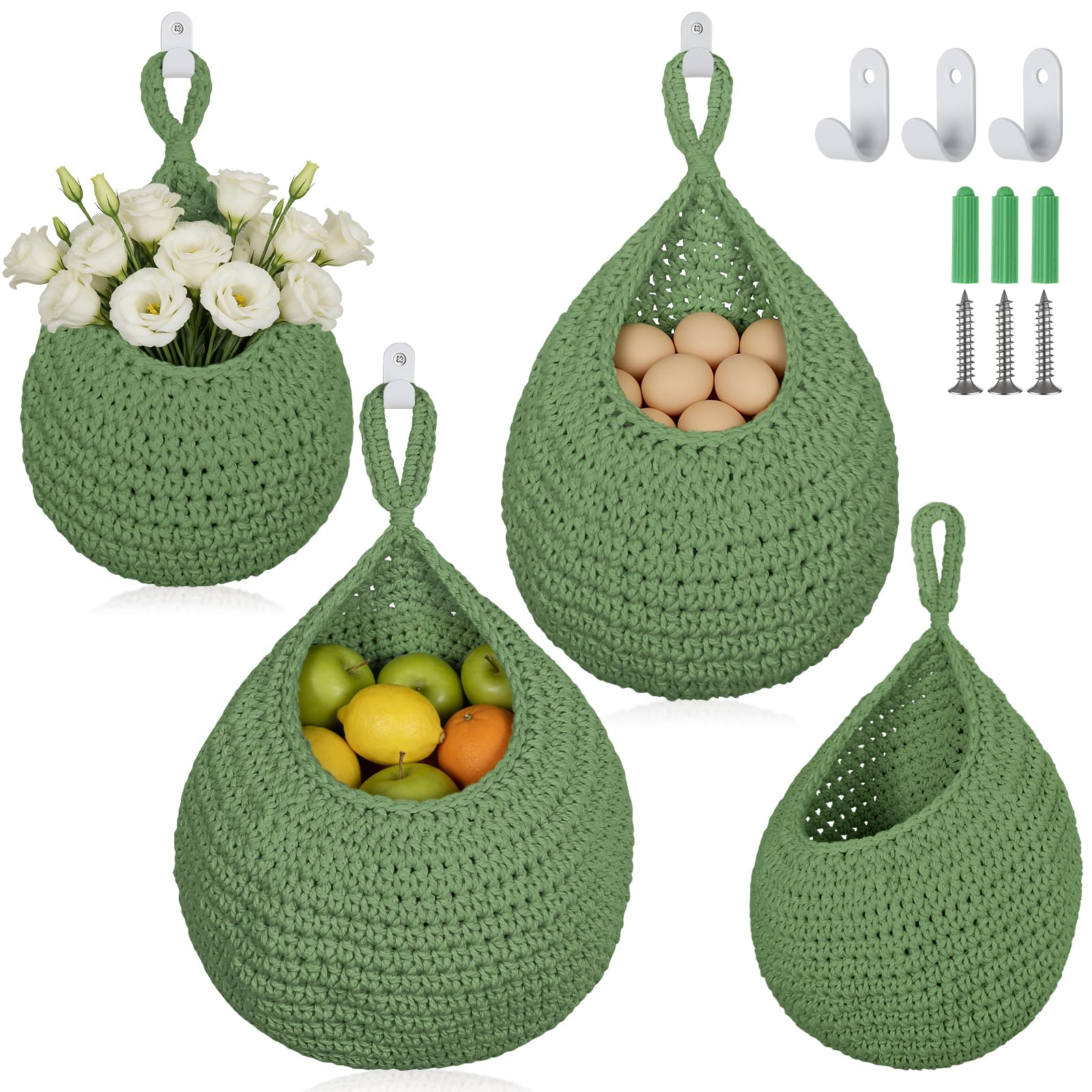 3 Pack Boho Hanging Fruit Baskets,Woven Cotton Teardrop Wall Baskets,Green